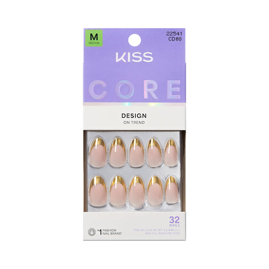 KISS Uñas postizas Kiss Core, pegamento para uñas incluido, color beige, tamaño mediano, forma almendrada, incluye 32 uñas, 2 g de pegamento, 1 palito de manicura y 1 mini lima.