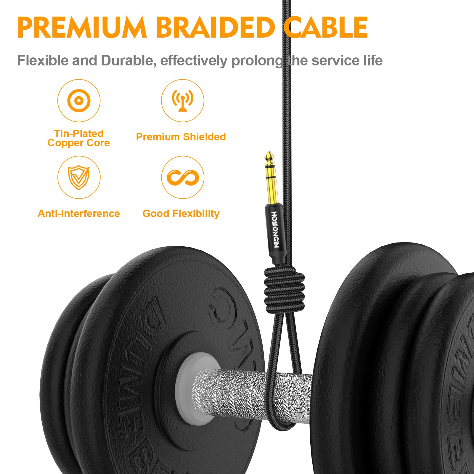 HOSONGIN Cable de instrumento TRS de 1/4 pulgadas, paquete de 2 unidades, de ángulo recto a recto de 6,35 mm, cable de audio estéreo masculino, línea de interconexión equilibrada para guitarra