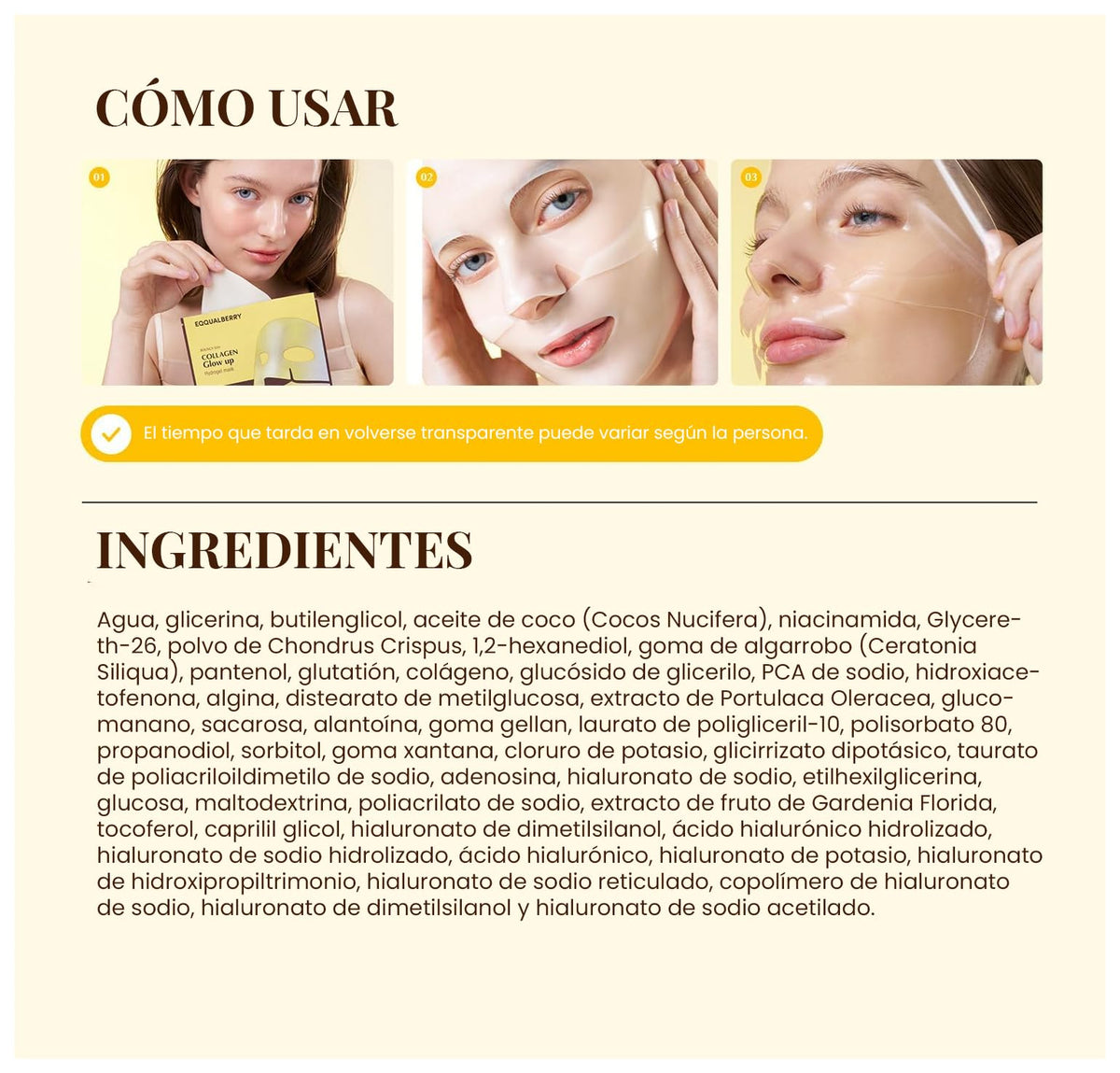 EQQUALBERRY Mascarilla Facial Colágeno y Niacinamida Coreana