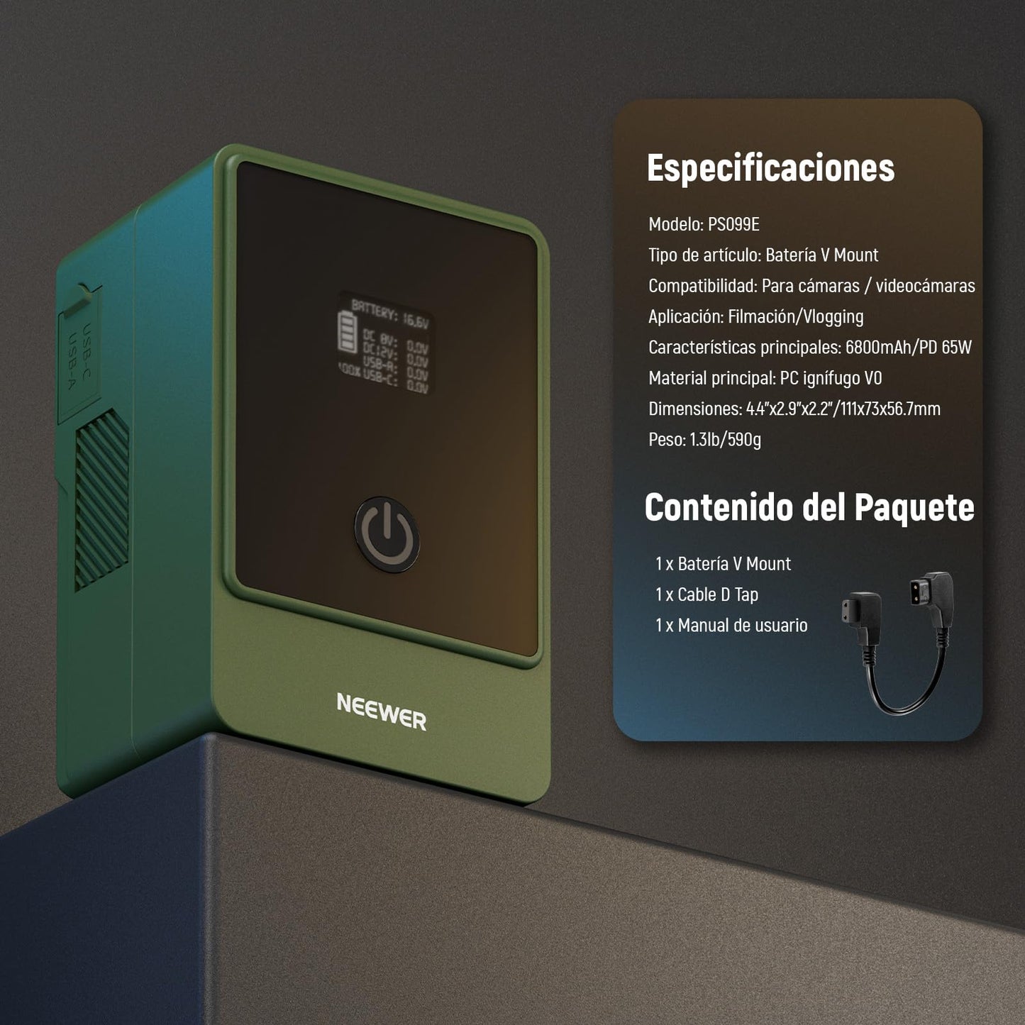 Batería de Montaje en V NEEWER Negra con Mini Bloqueo, Pantalla OLED y Carga Rápida para Cámara de Video y Monitor