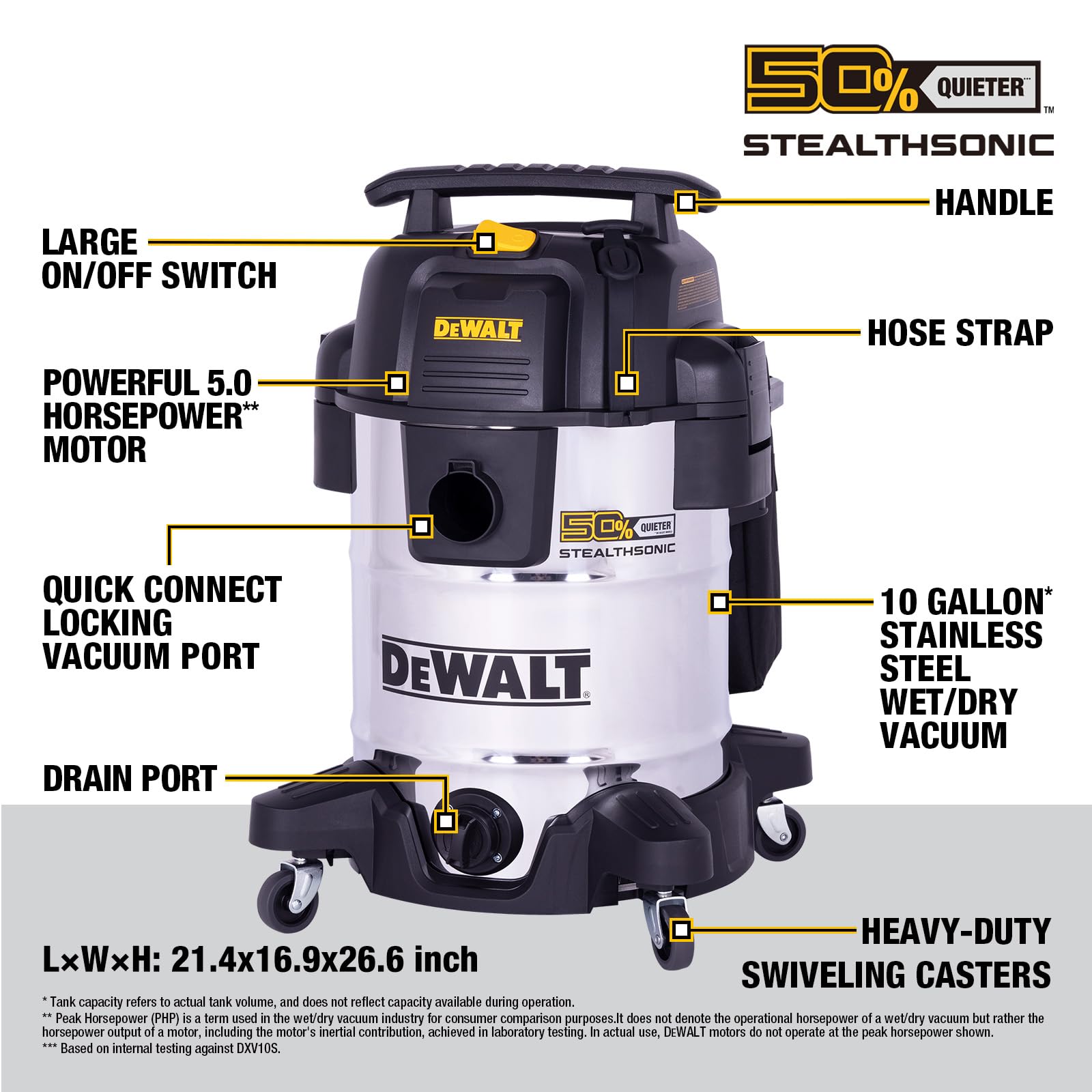 DEWALT STEALTHSONIC - Aspiradora para tienda en húmedo y seco, ultra silenciosa, resistente con accesorios, potente aspiradora exterior para coche, cochera, taller, lugar de trabajo, patio, DXV10S-QT,