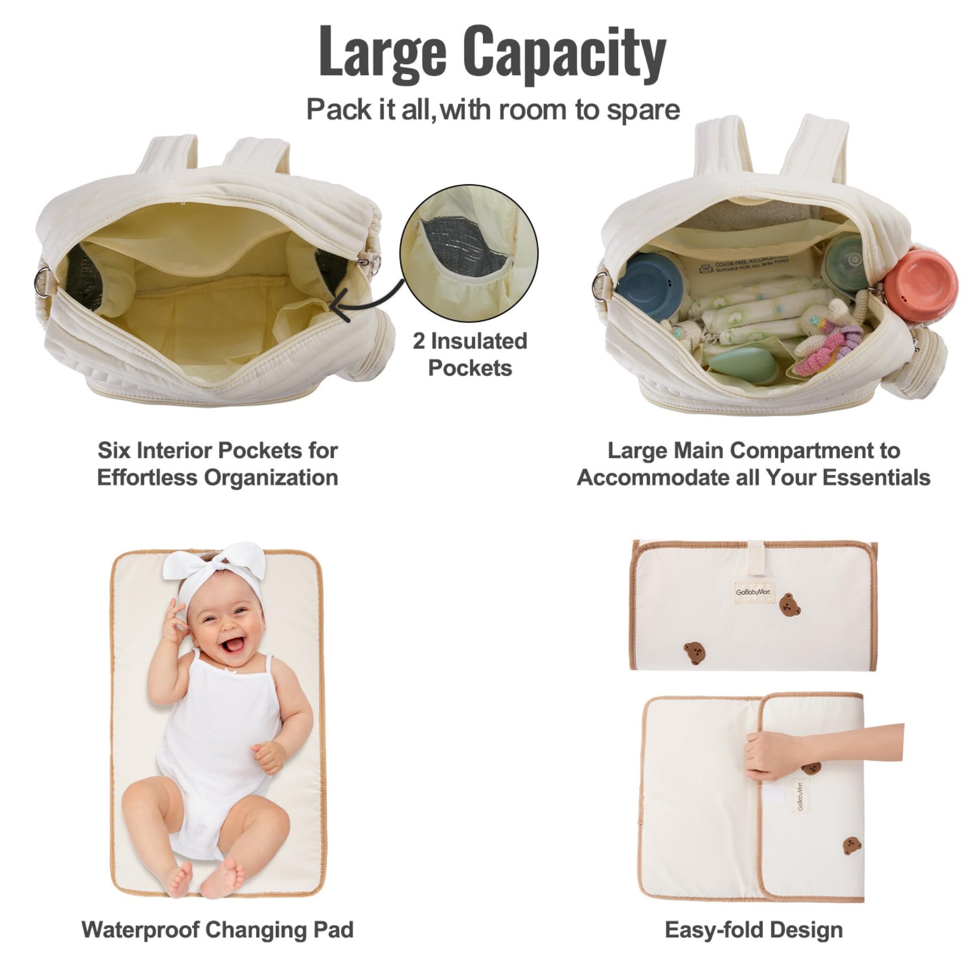 GOBABYMART - Mochila para pañales con cambiador, bolsa de viaje para bebé, bolsillos aislados para botellas, correas para carriola (medianas, ositos beige)