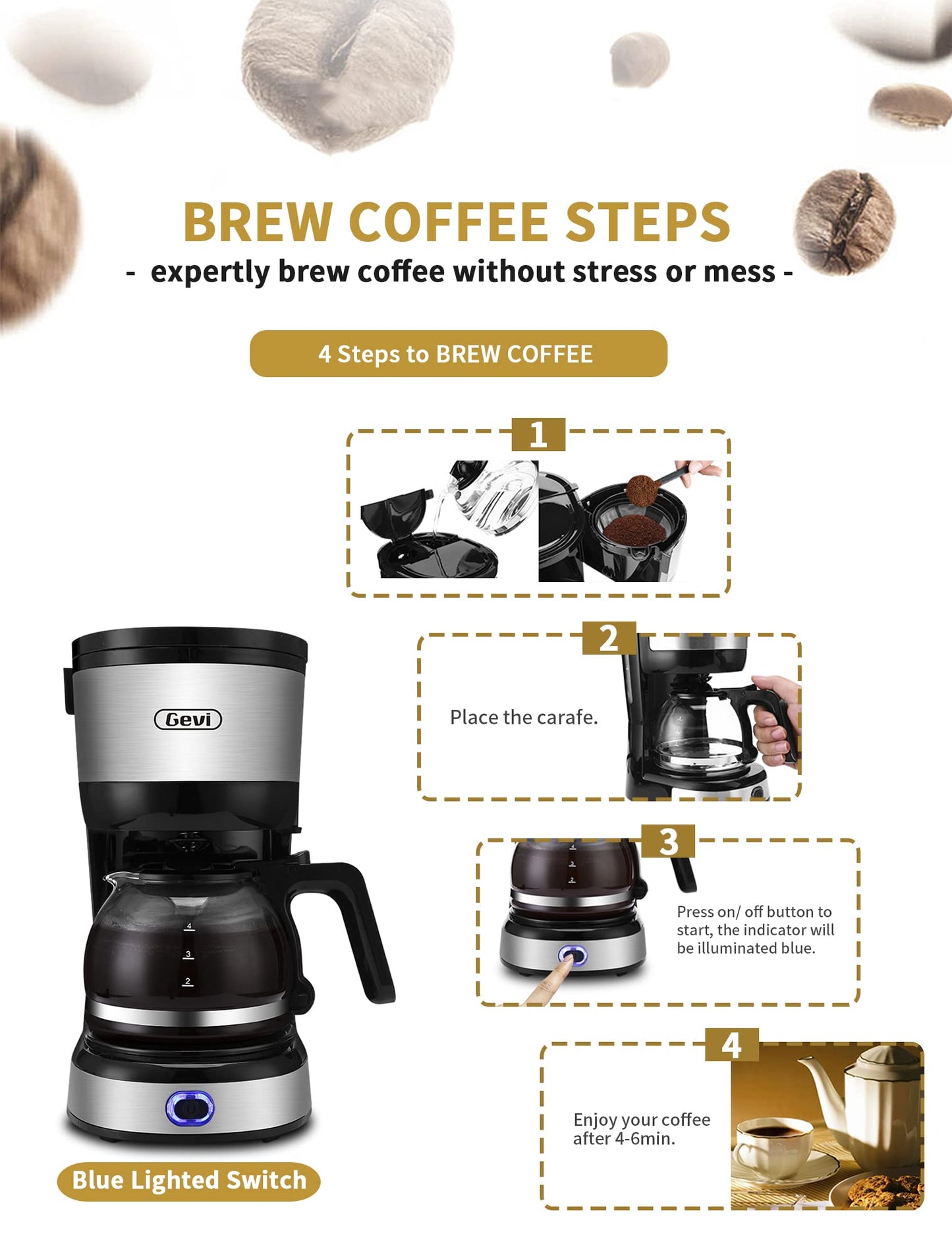 Gevi - Cafetera de 4 tazas con apagado automático, cafetera pequeña con goteo súper automática, cafetera compacta con filtro de cono, jarra de vidrio y placa caliente