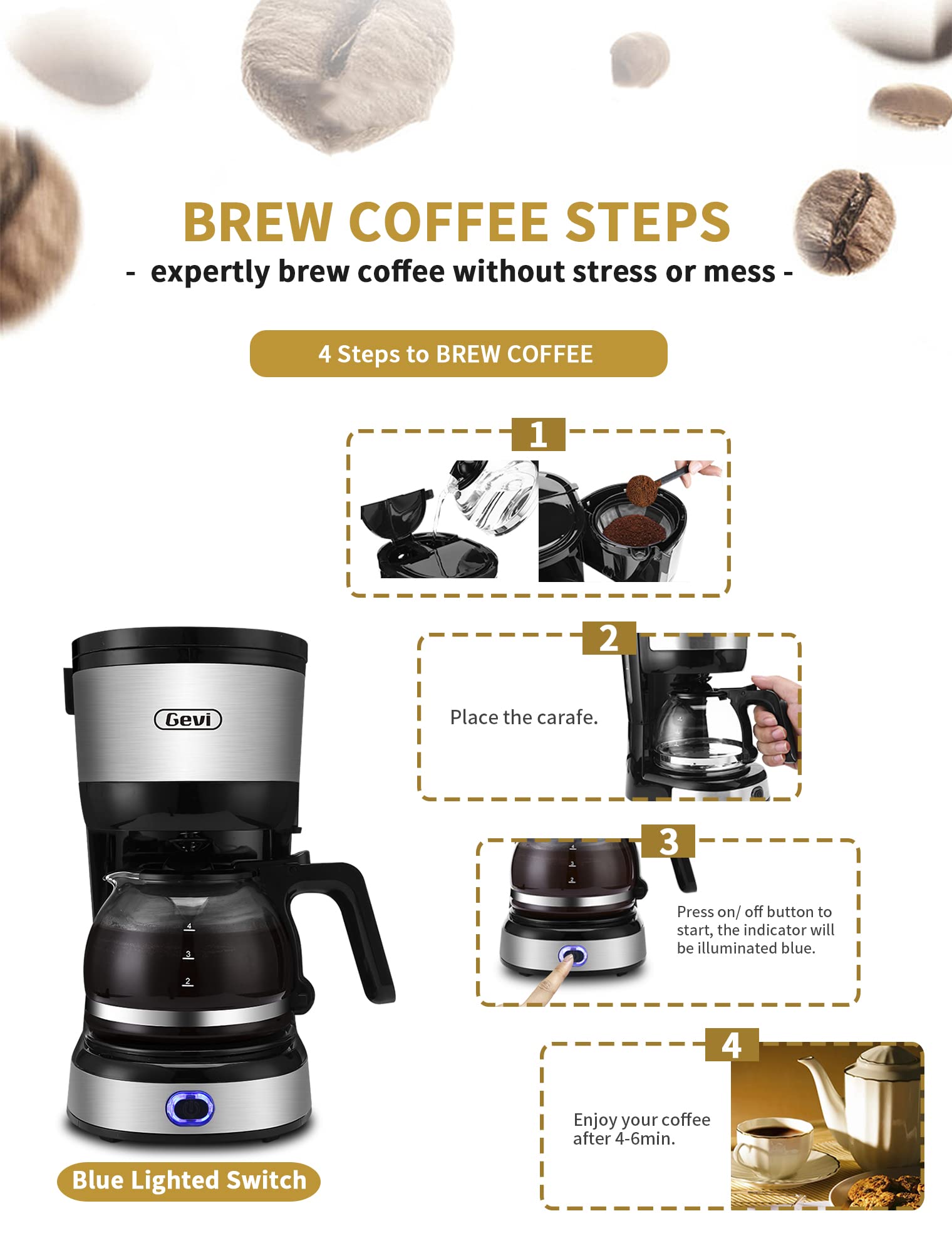 Gevi - Cafetera de 4 tazas con apagado automático, cafetera pequeña con goteo súper automática, cafetera compacta con filtro de cono, jarra de vidrio y placa caliente