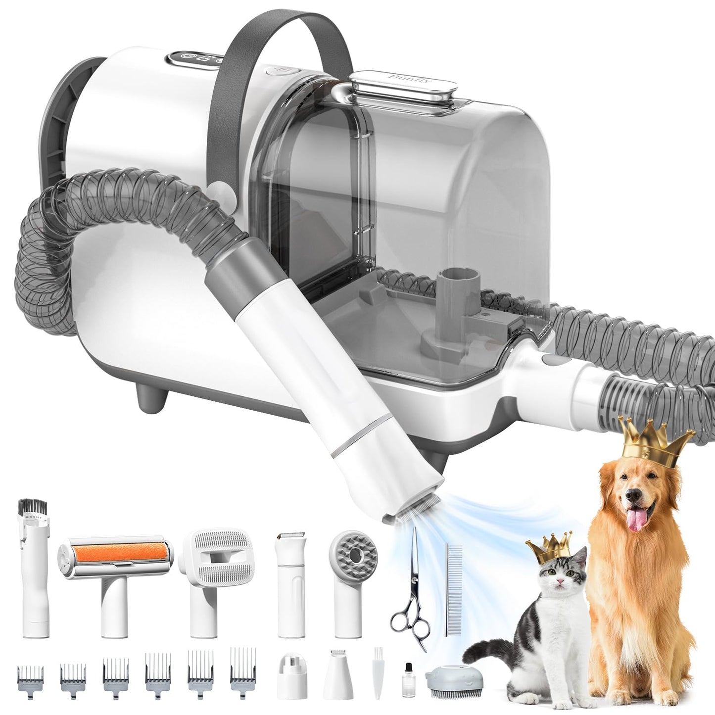 Bunfly Kit de aseo para mascotas y selecciones al aspiradora de hasta 99.99% pelo de mascotas, 7 herramientas de aseo probadas, taza de polvo de gran capacidad de 3 l, color plateado