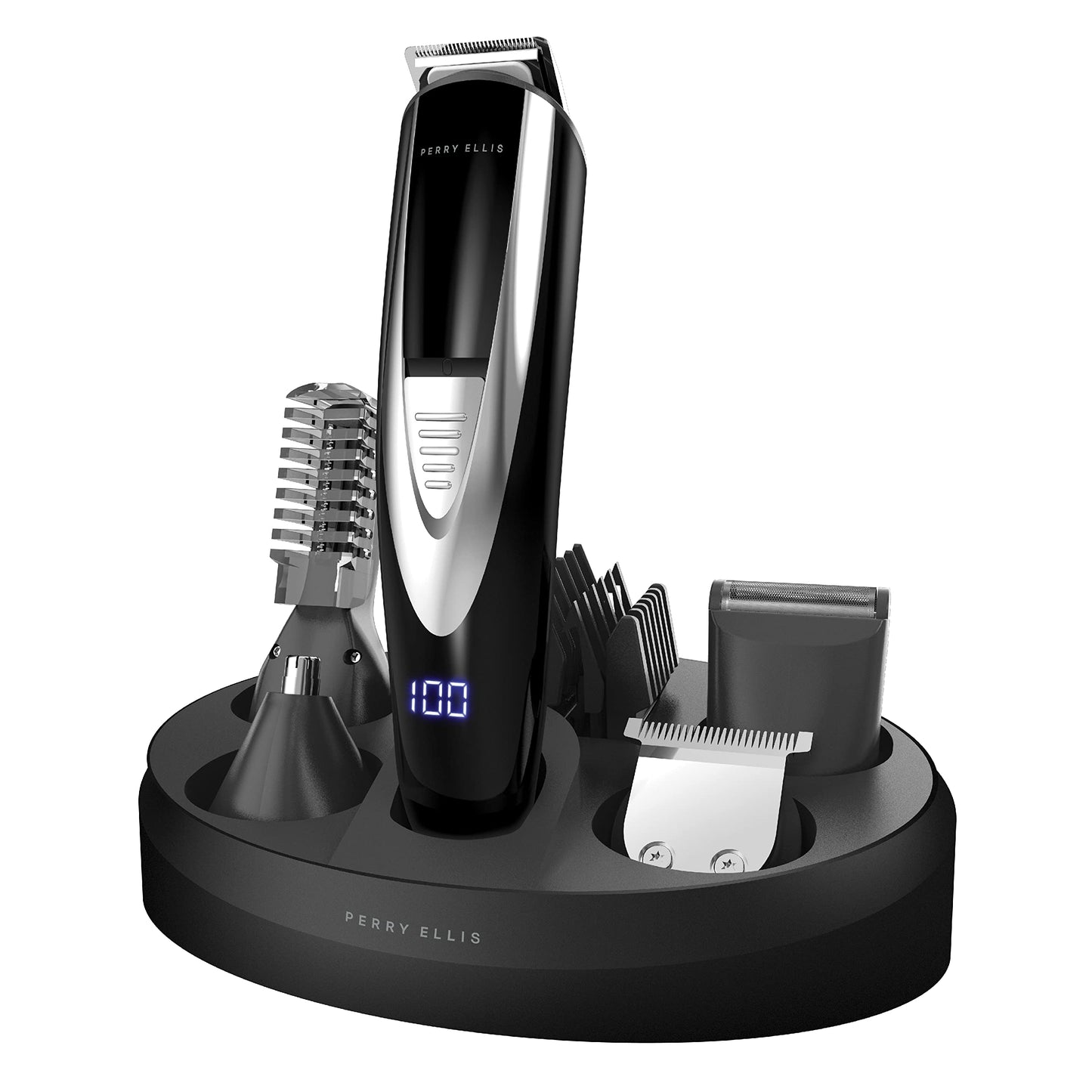 Perry Ellis - Kit de aseo múltiple todo en uno de 16 piezas | Recortadora de barba USB recargable para hombres | visualización LED y base de carga | Afeitadora inalámbrica para cabello, cuerpo, bigote, cara, nariz, oreja | Maquinilla eléctrica