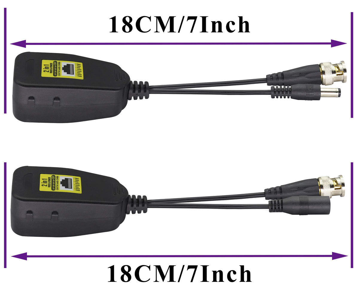 Transceptor de Red AAOTOKK Power Video Balun Negro con Conector DC para Sistemas de Cámara CCTV HD-CVI/TVI/AHD/CVBS