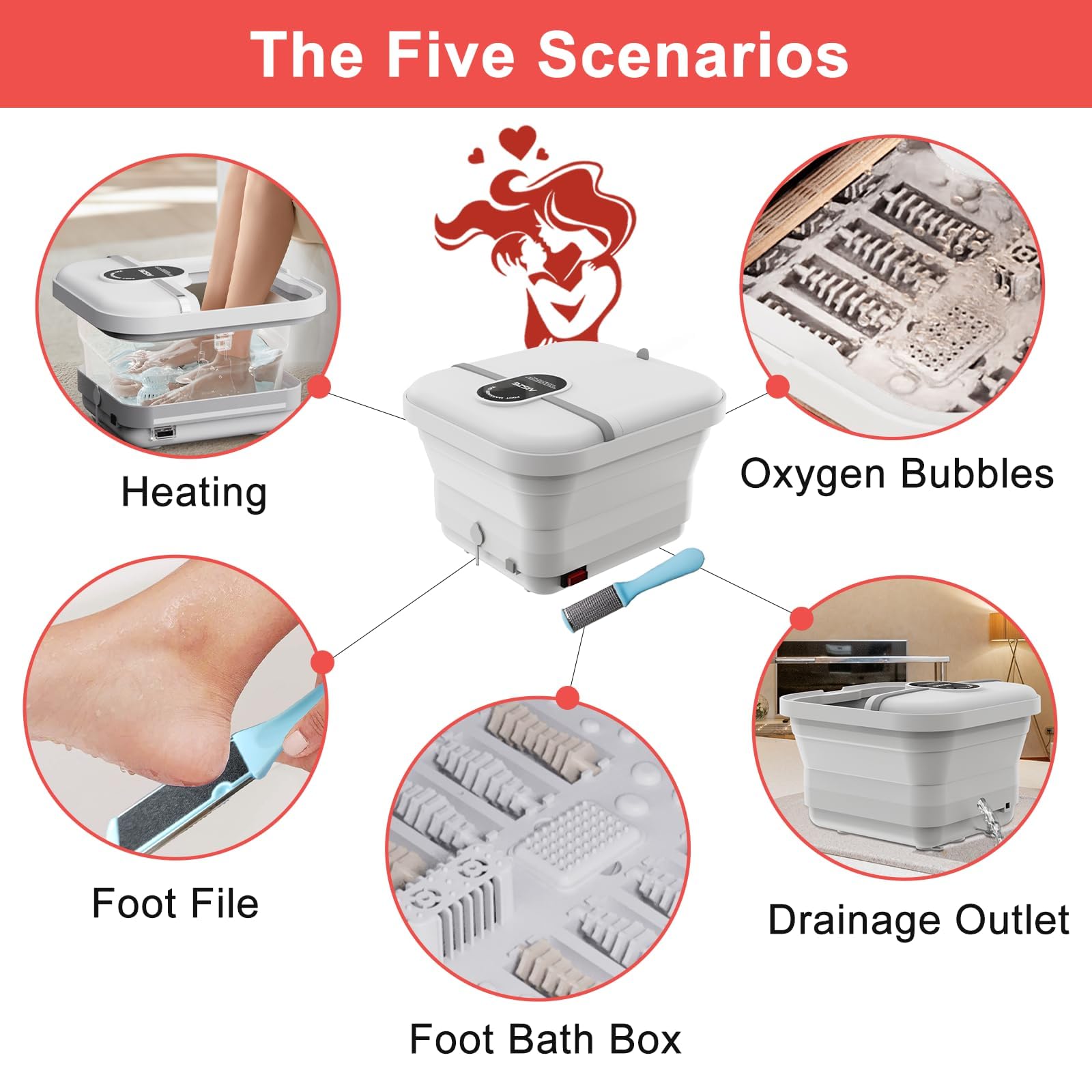 GILLAS Tina de Hidromasaje para Pies, Pedicure Spa para Pies, Control de Temperatura Electrica, Tina Pedicure con Pantalla Táctil Control de Temperatura de 45℃ Calor y Rodillo de Masaje