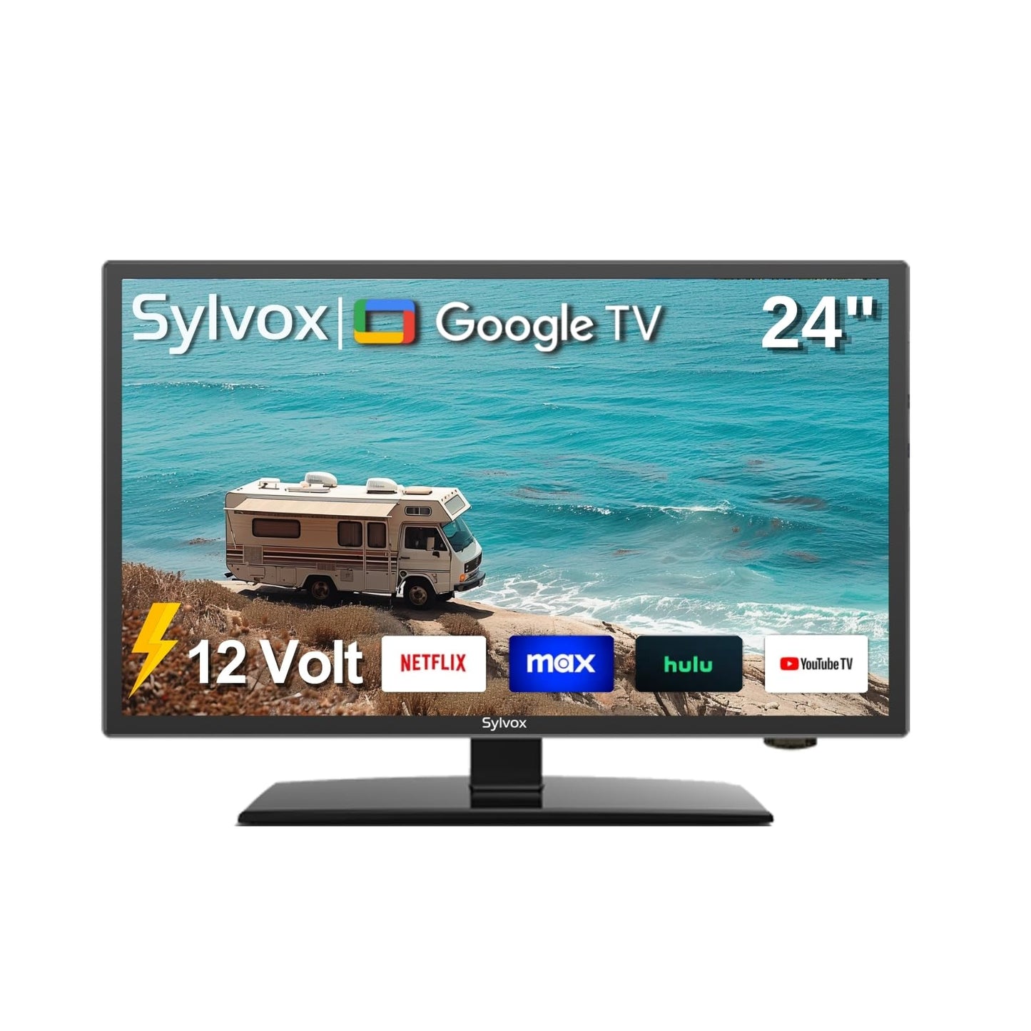 SYLVOX TV RV de 24 pulgadas, Smart TV de 12 voltios con Google OS, visualización de 178° de ancho, puertos HDMI/USB, alimentación CA/CC, protección de voltaje para uso en campistas, autocaravanas y RV
