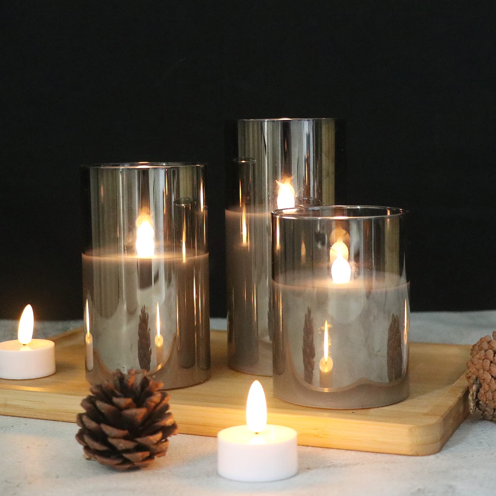 GenSwin - Velas led sin llama de vidrio gris con control remoto de 10 teclas y temporizador, velas de cera real, luz blanca cálida parpadeante para decoración del hogar (juego de 3)