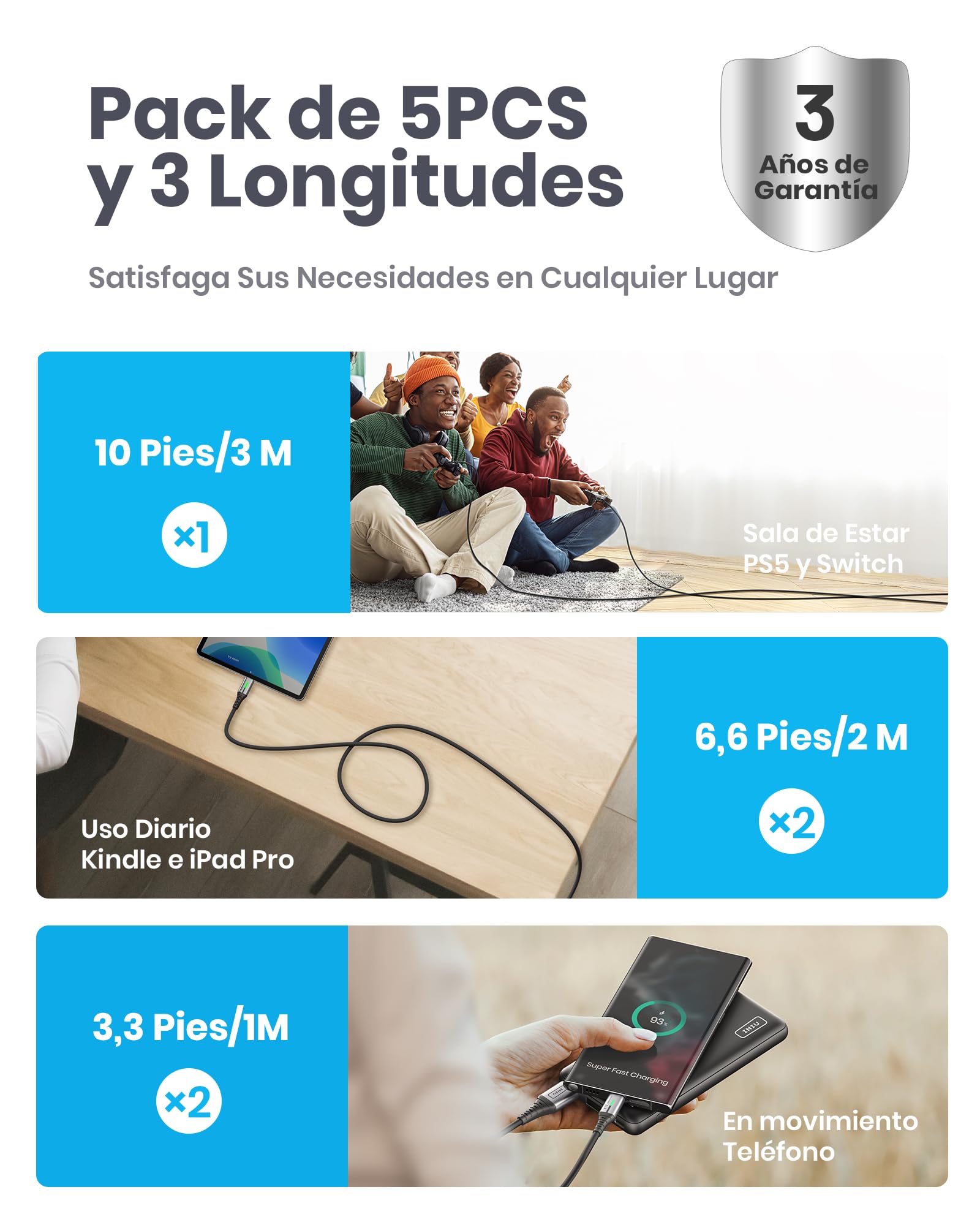 INIU Cable USB C, 5Pack (1+1+2+2+3m) Cable USB Tipo C 3.1A QC 3.0 Nilón de Cable USB A a USB C Carga Rápida Sincronización de Datos para iPhone 16 15 Samsung Galaxy S22 S21 S20 Huawei Switch Xiaomi