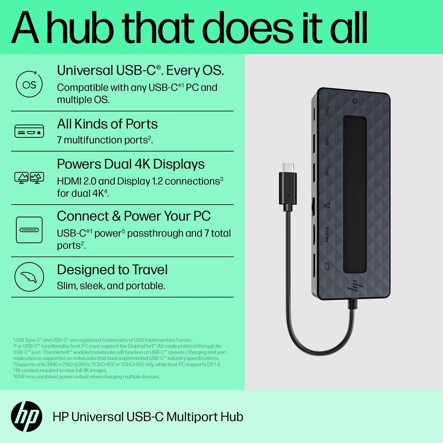 HP Hub Multipuerto Universal USB-C, 7 Puertos, HDMI, USB Tipo A, Display Port, USB-C, Ethernet (50H55AA)