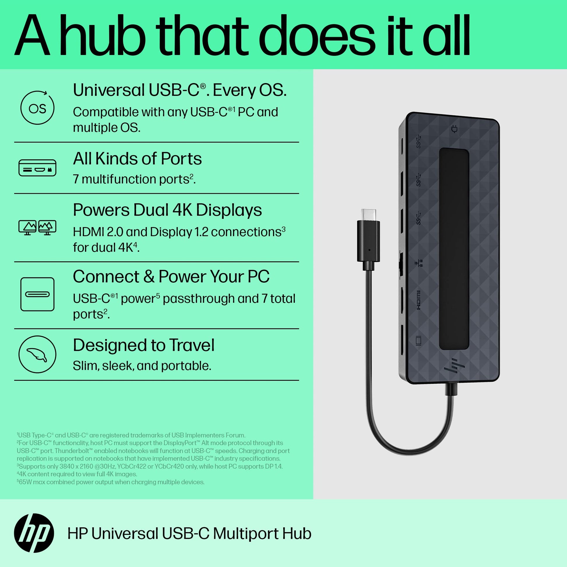 HP Hub Multipuerto Universal USB-C, 7 Puertos, HDMI, USB Tipo A, Display Port, USB-C, Ethernet (50H55AA)