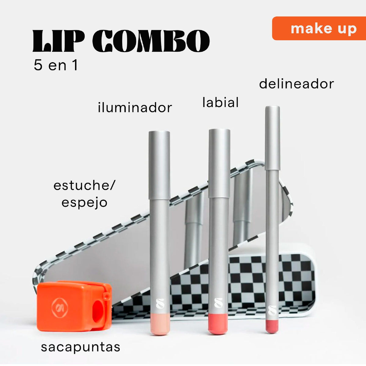 SARELLY, Kit de Maquillaje, Lip Combo 5 en 1, Labial, Delineador, Iluminador, Sacapuntas y Estuche, Spicy