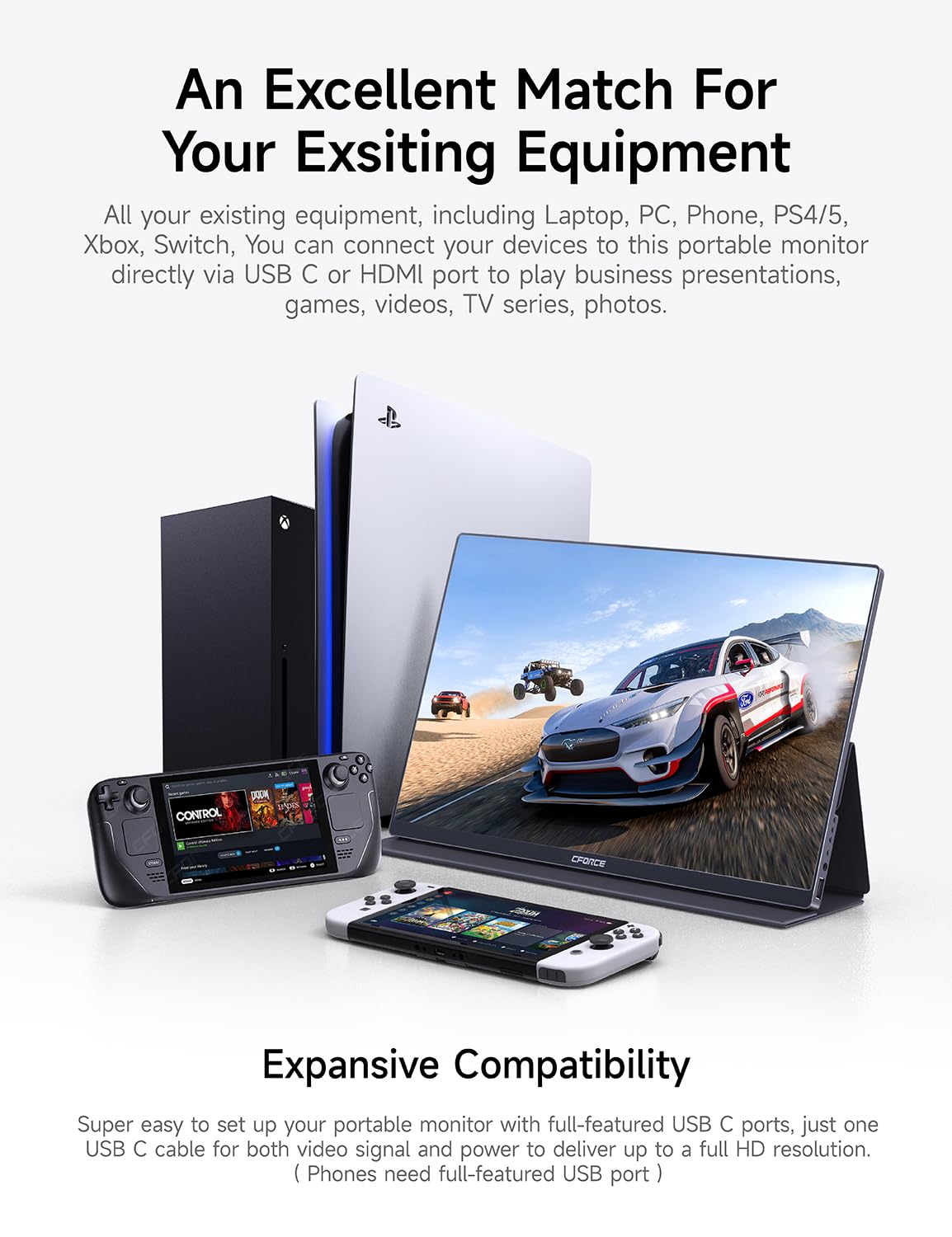 c-force - Monitor portátil ultradelgado portátil de 15.6 pulgadas, visualización externa FHD 1080P con altavoces duales, segunda visualización para portátil, Mac, PC, teléfono, Xbox PS4, PS5