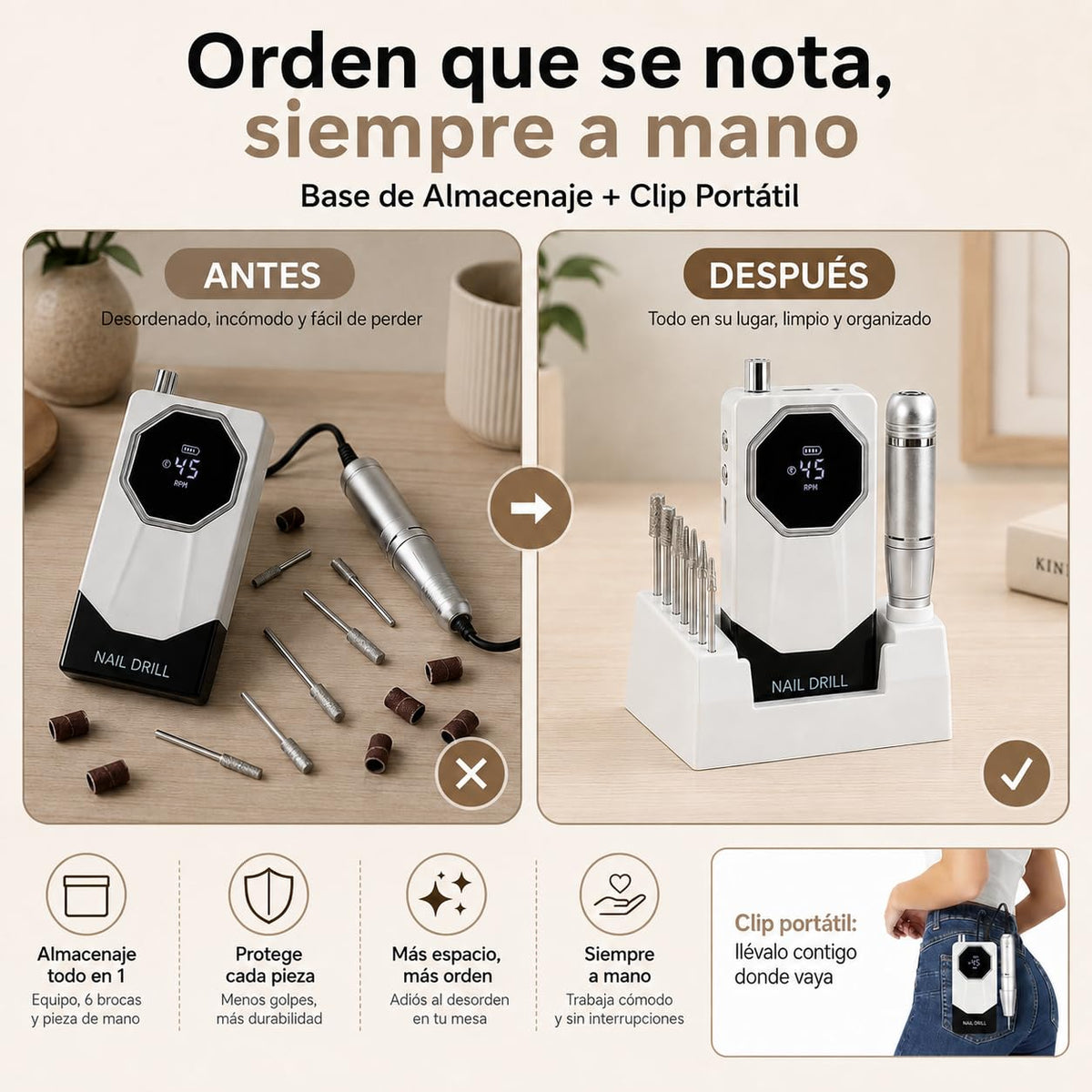 Esmerl para Uñas Eléctrica,Drill para Uñas Profesional 45000 rpm de Velocidad Ajustable con base de soporte,6 Drill Multifunción,Drill para Uñas Profesional de bajo ruido para uso doméstico y salón.