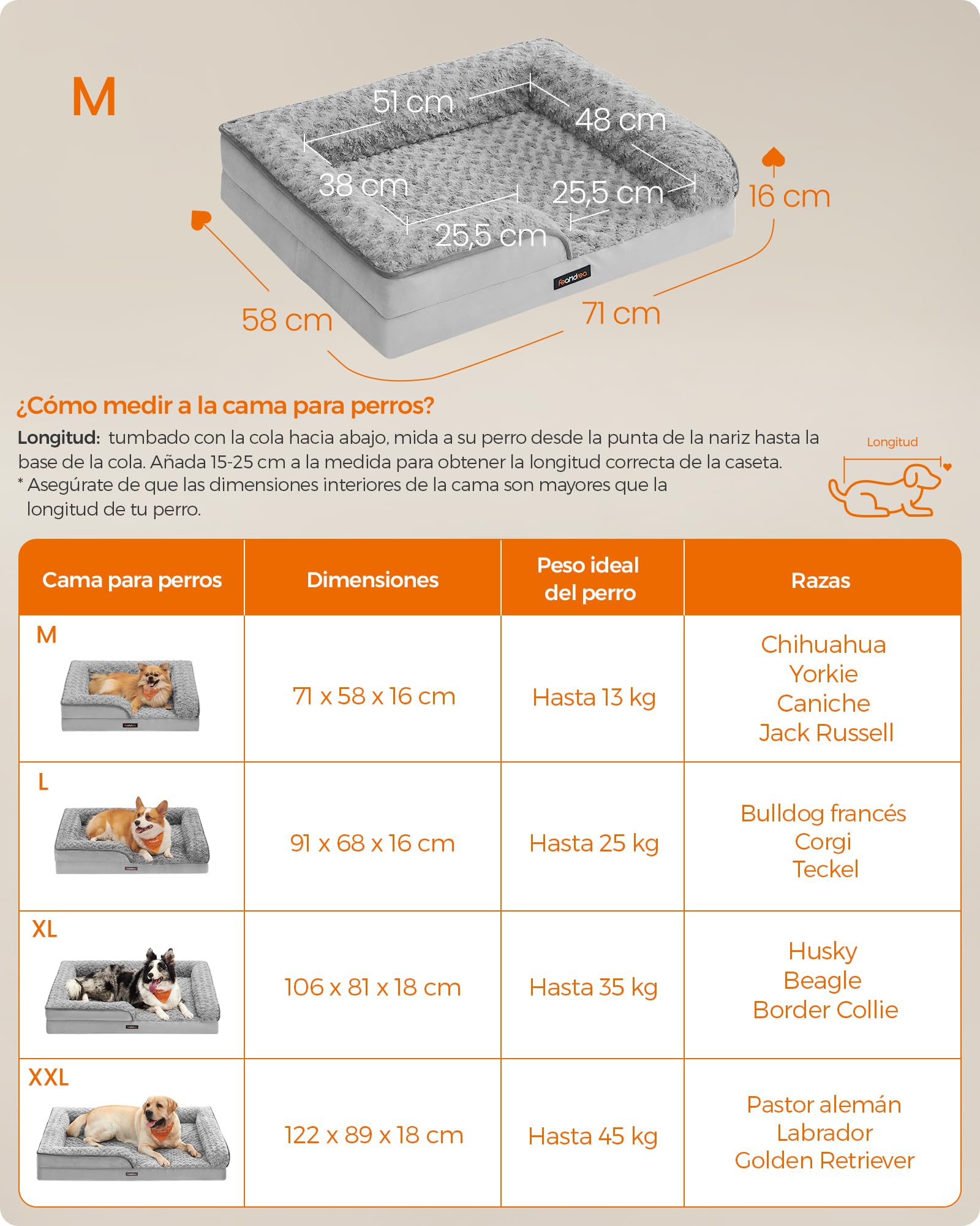 Feandrea Cama para Perros, Cama para Mascotas, 71 x 58 x 16 cm, Ortopédica con Espuma Corrugada, Funda Extraíble con Motivo Rosa de Peluche, Bordes Elevados Acolchados, Gris Paloma MPGW251G01
