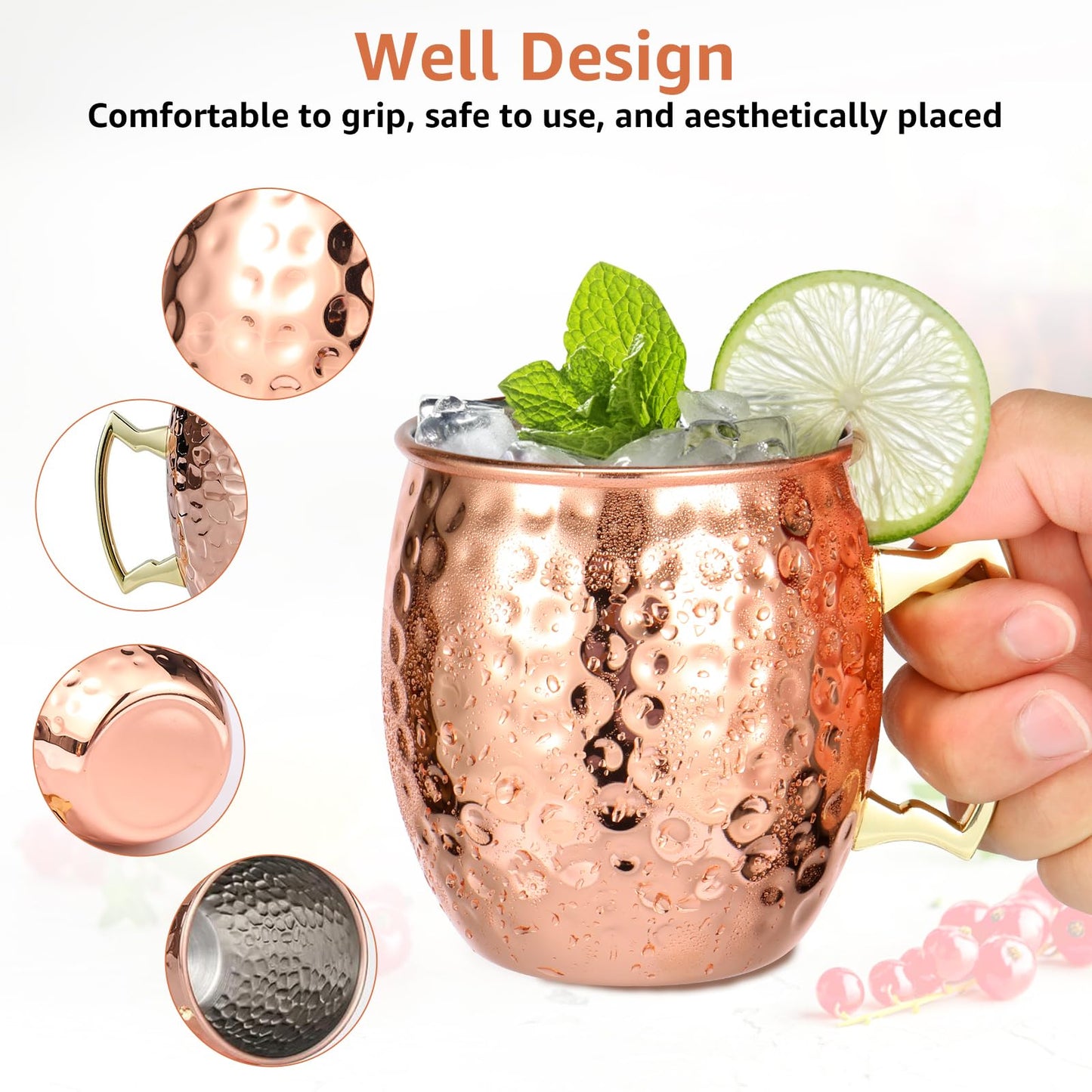 Juego de Tazas de Cobre Martillado KHZSPP 16 Onzas con Asas de Latón Dorado para Bebidas Frías