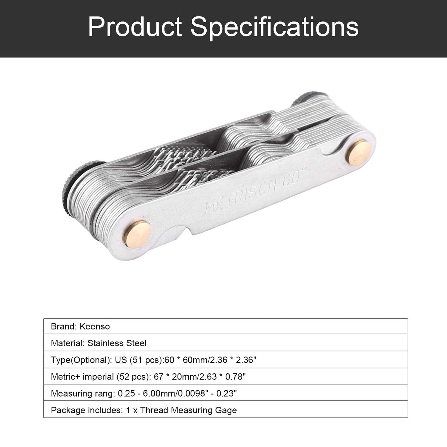 Galga de Roscas de Acero Inoxidable Métrica e Imperial 60 Grados para Medición Industrial 51 Uds.