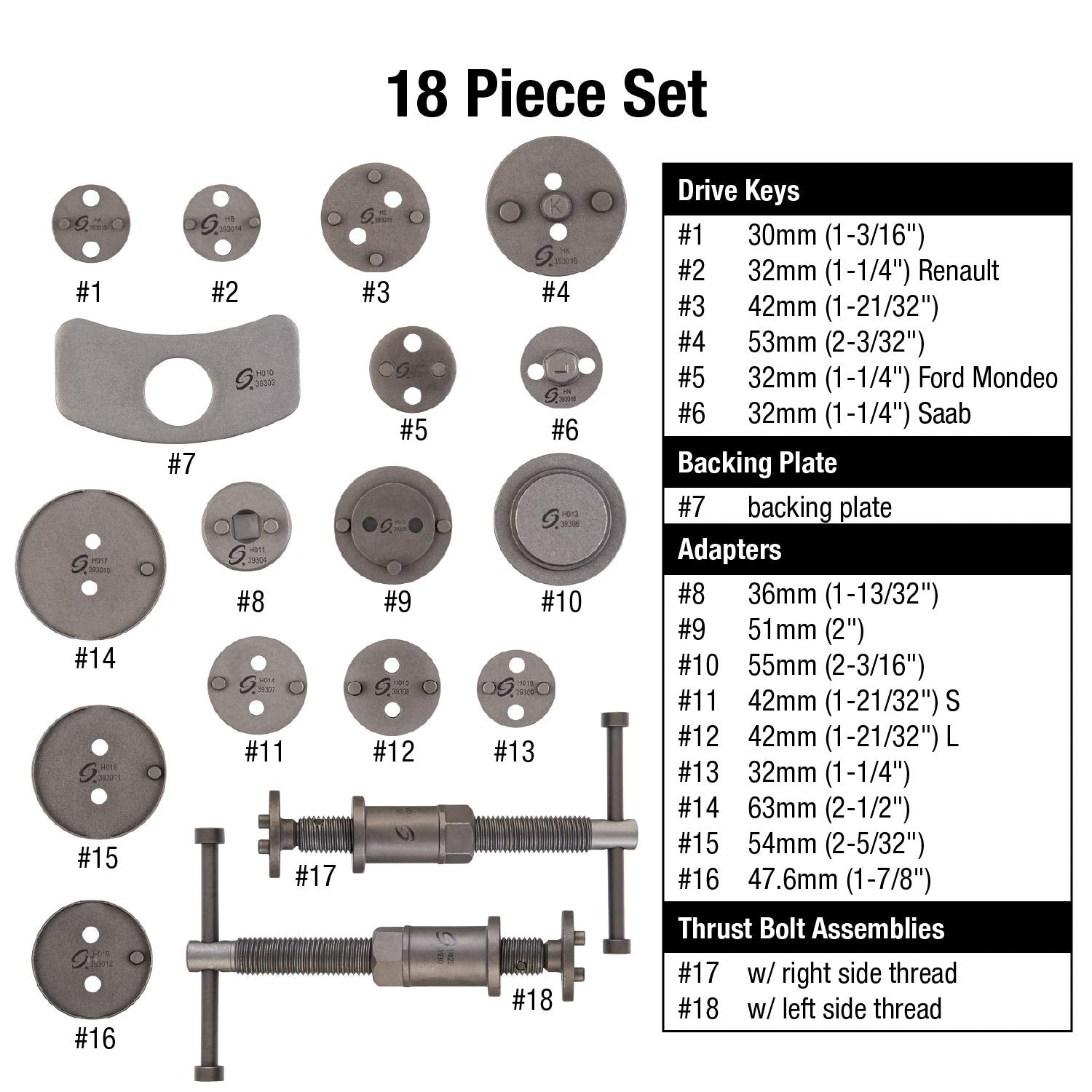Sunex Tools 3930 Master - Juego de herramientas de pinza de freno de disco y kit de viento, compresor, juego de herramientas esparcidor para reemplazo de pastillas de freno con pernos de empuje magnéticos, 18 piezas