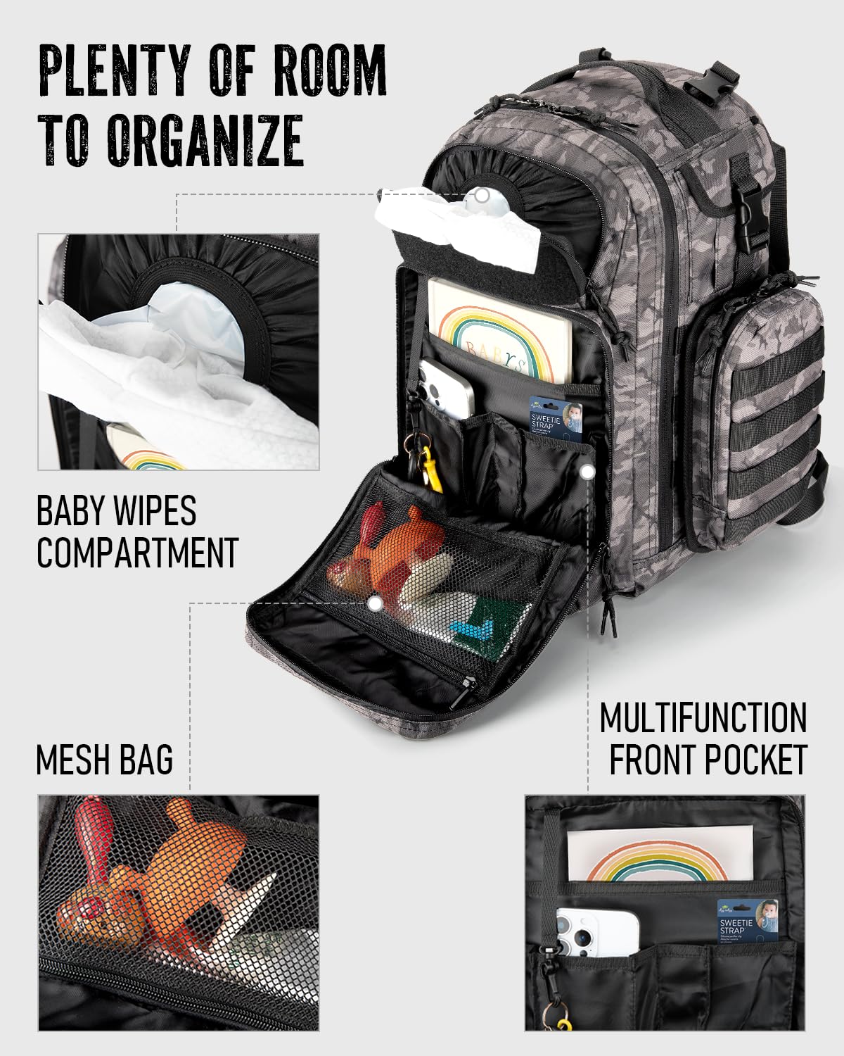 Dinictis - Bolsa de pañales para papá, mochila con cambiador de pañales, mochila militar con correas Molle, bolsa impermeable, bolsillo para toallitas para bebé, bolsillos aislados para botellas