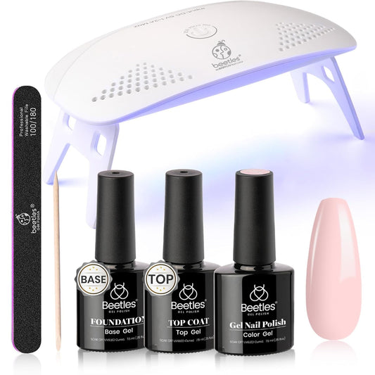 Kit de esmalte de uñas en gel Beetles Nude Pink con lámpara de uñas con luz LED UV, kit de inicio de 6 piezas, capa superior de gel base, juego de esmalte de gel Soak Off Nude Pink con lima de uñas para manicura DIY, uñas neutras, regalo para mujeres