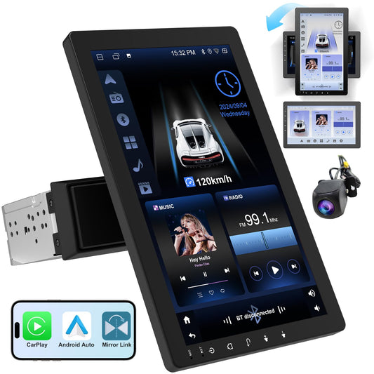 visualización táctil giratoria de 10.1 pulgadas para coche estéreo de un solo din: Android 13, inalámbrico CarPlay/Android Auto, CPU de 4 núcleos, 2 GB + 32 GB, navegación GPS, sonido Hi-Fi y