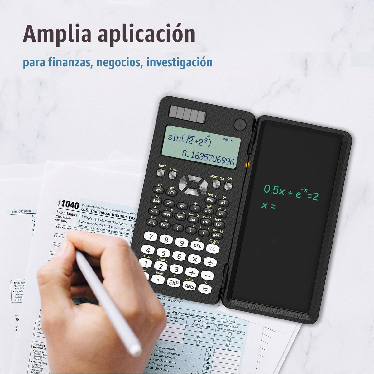 Calculadora Científica ROATEE Negra con Tableta de Notas Solar y Batería Pantalla de 2 Líneas Plegable para Estudiantes