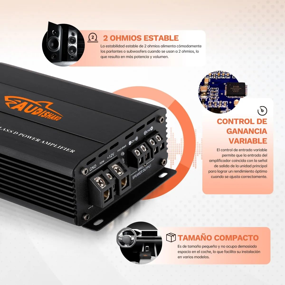 AUDISHAKO 800W Amplificador de Audio para Coche de 4 Canales,Amplificador para Auto de Clase D, 2 Ohm 260W x 2 Canales, Coches Deportivos y Otros Sistemas de Audio