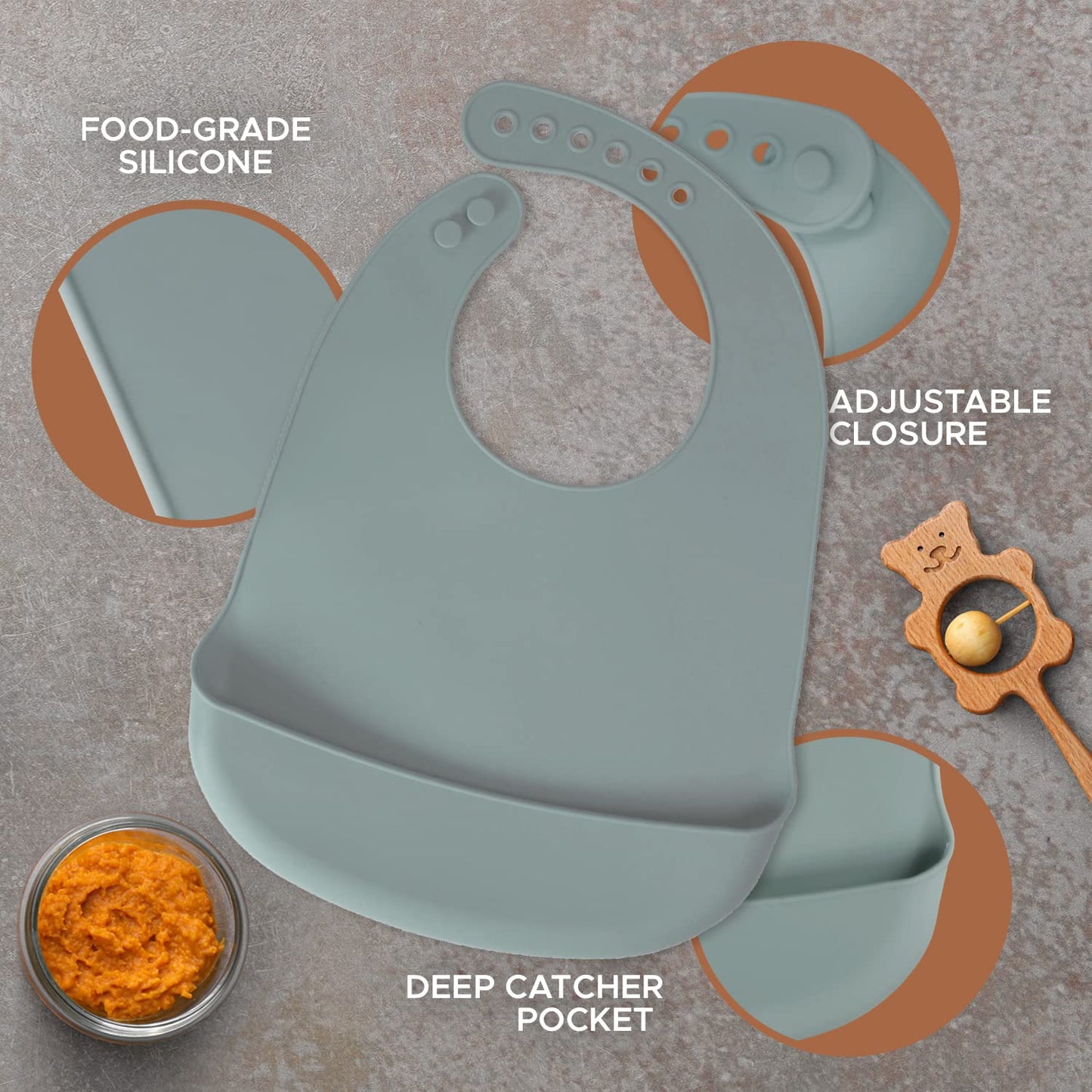 Baberos de silicona para bebés, sin BPA, impermeable, con bolsillo, apto para lavaplatos, con colector de alimentos (gris x 2)