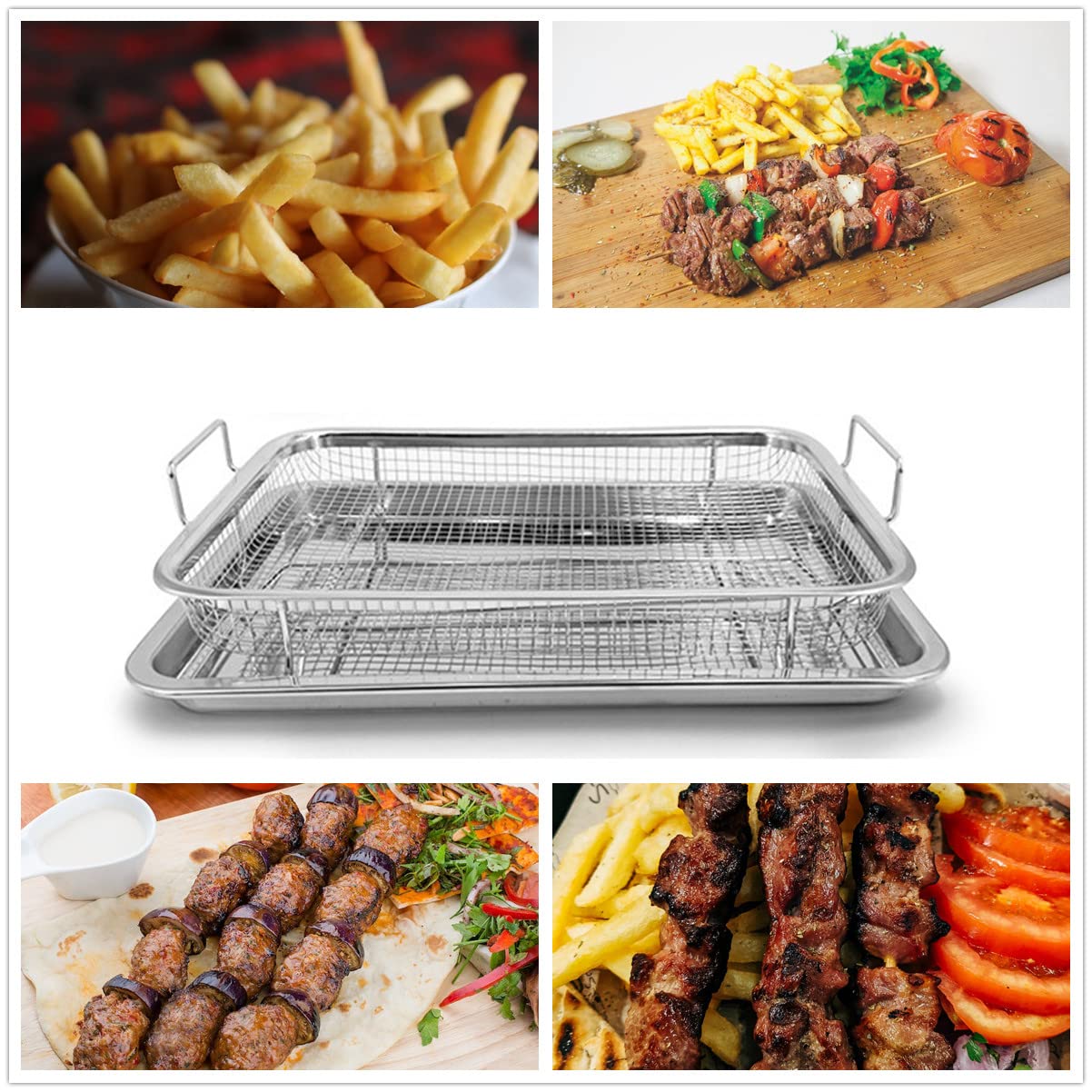 Freidora de aire - Cesta de acero inoxidable para horno, bandeja crujiente de acero inoxidable y bandeja para cacerolas y colector de grasa, cocina uniforme, antiadherente, juego de cesta de malla