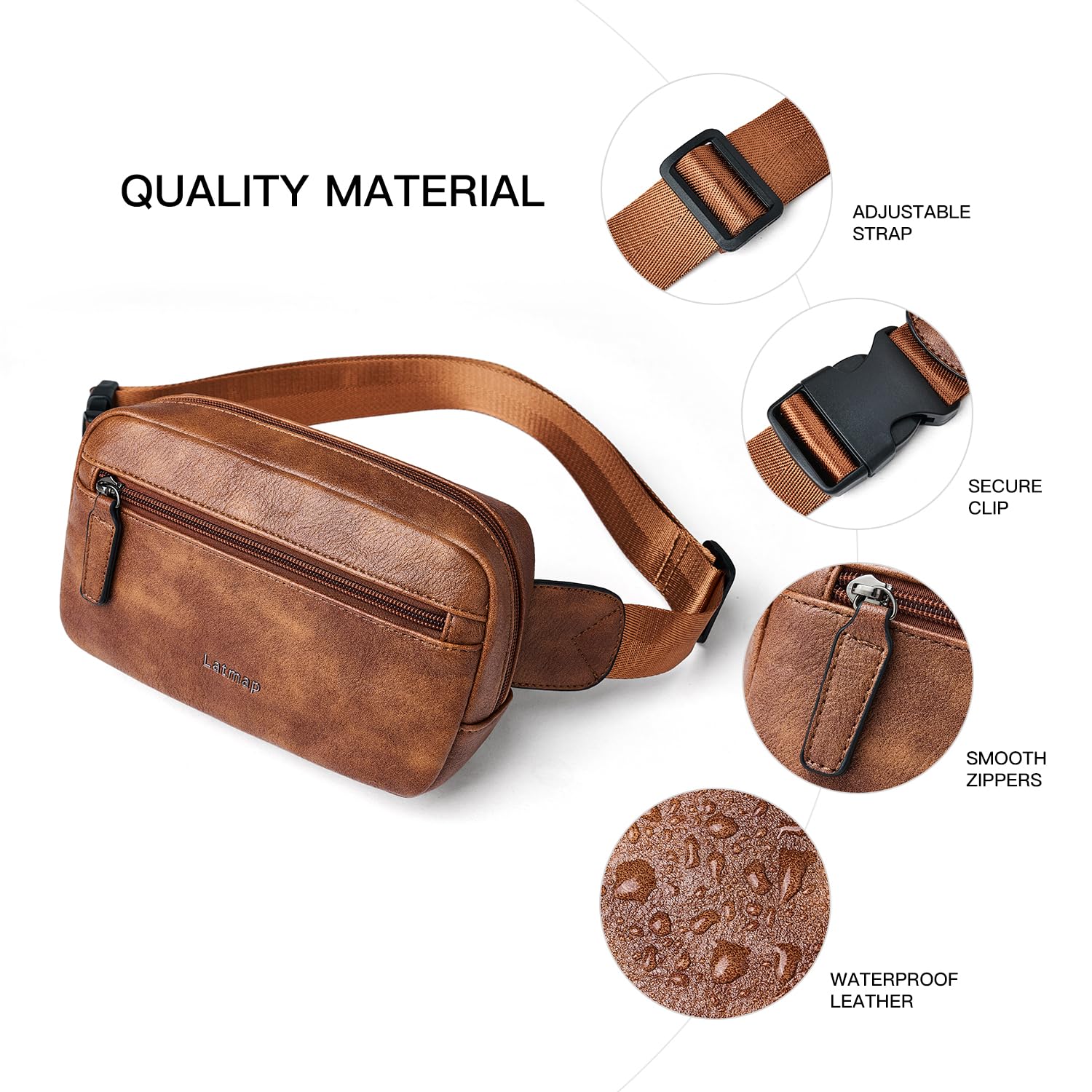 LATMAP - Riñonera de 2 L para todas partes, pequeña y a la moda, bandolera de piel sintética, impermeable, para mujer, a la moda, Marrón, Pequeño, Moda casual