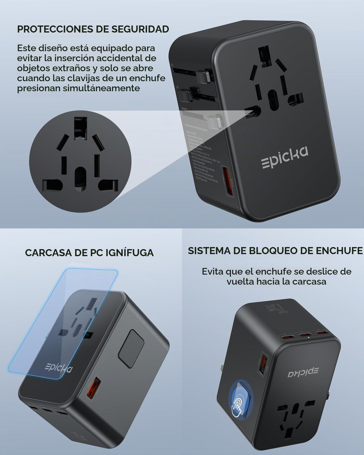 Adaptador de Viaje Universal EPICKA Negro con Carga Rápida 75W GaN y 3 Puertos USB-C