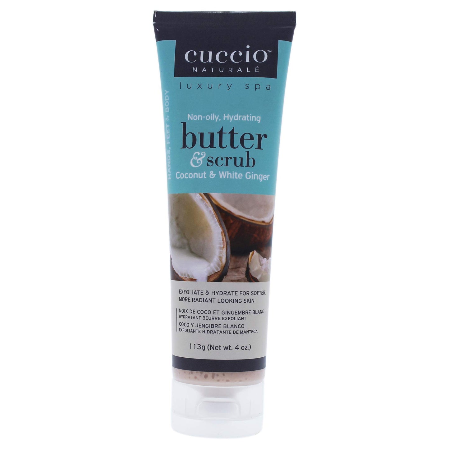 Cuccio Naturale Butter Scrub - Exfoliates And Hydrates - For Softer, Radiant Looking Skin - Infuses Moisture Into Dry Skin - Non-Oily 24 Hour Hydration - Creamy - Coconut And White Ginger - 113 G