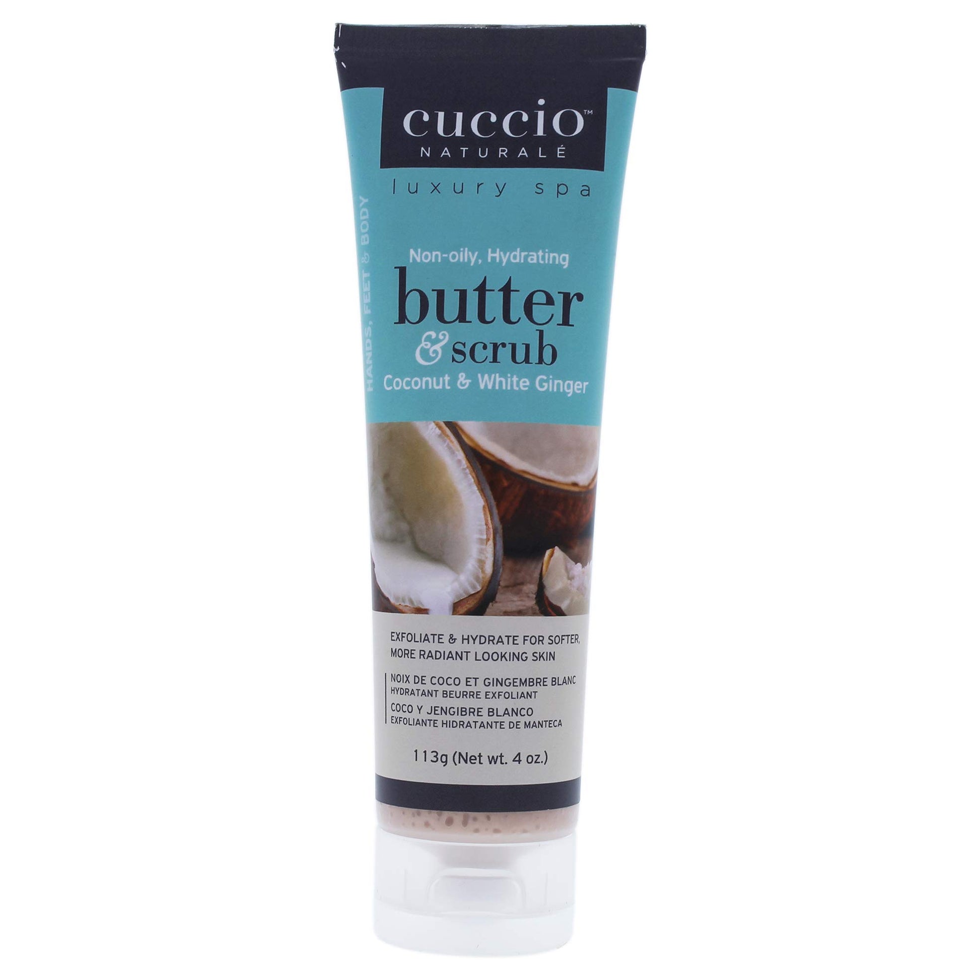 Cuccio Naturale Butter Scrub - Exfoliates And Hydrates - For Softer, Radiant Looking Skin - Infuses Moisture Into Dry Skin - Non-Oily 24 Hour Hydration - Creamy - Coconut And White Ginger - 113 G