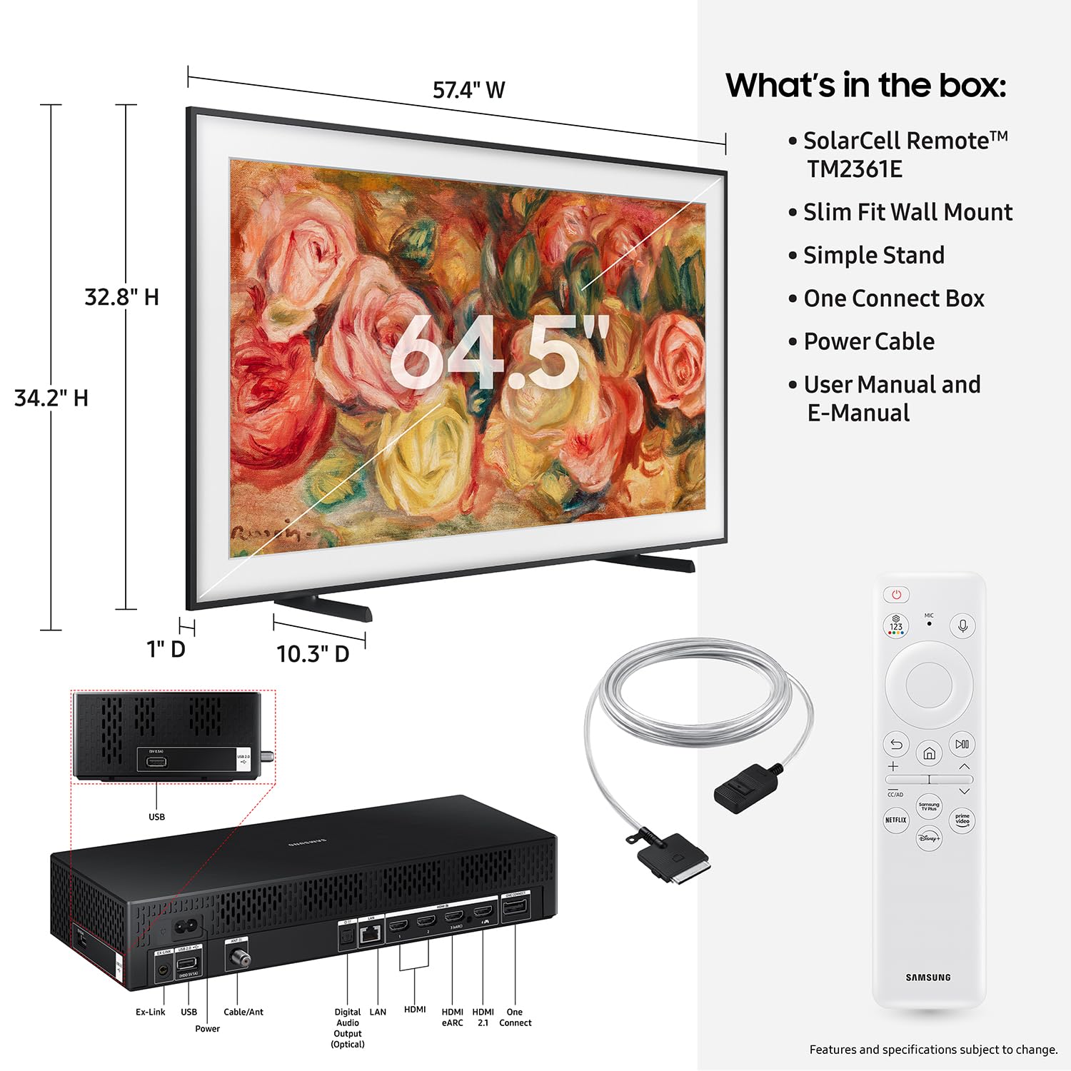 Smart TV Samsung QLED LS03D 65 Pulgadas 4K The Frame Series Quantum HDR con Alexa Incorporada, Modo Artístico y Montaje de Pared Delgado