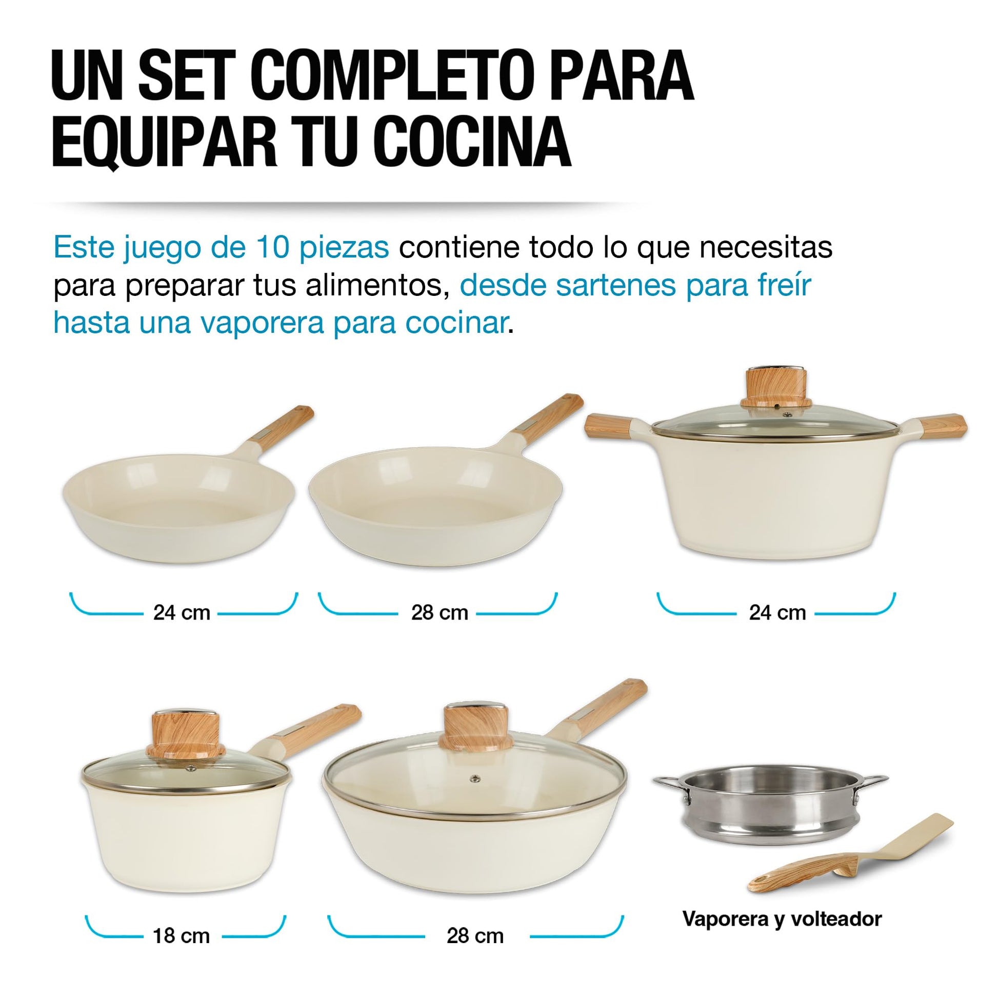 CASA LITUS Batería de Cocina con Cubierta de Cerámica Antiadherente (10 Piezas), Incluye 3 Sartenes, Olla, Cacerola, Vaporera, Tapas y Espátula, para Estufa de Fuego e Inducción, Libre de PFOAs y BPA