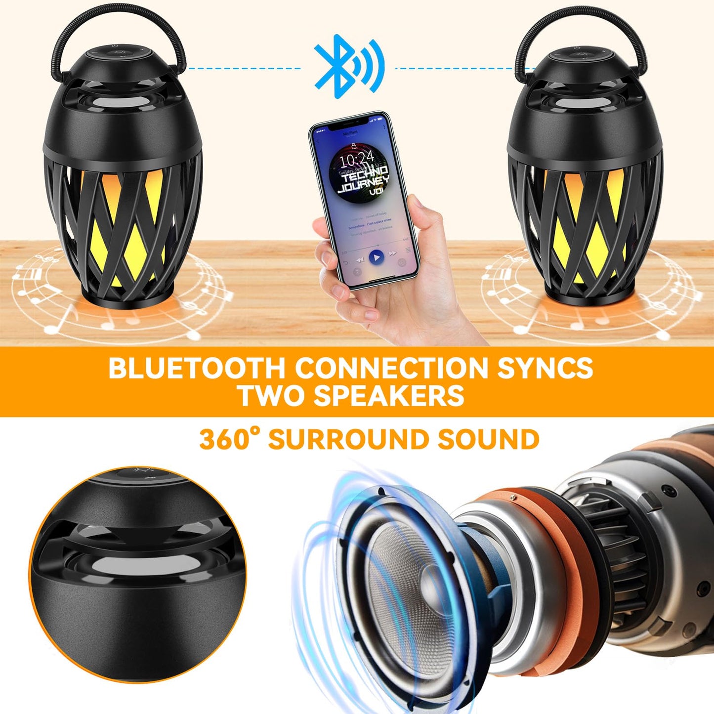 Altavoz Bluetooth para exteriores con efecto de llama parpadeante LED, regalo para hombres, sonido estéreo HD, IPX5, impermeable, portátil, antorcha Tiki, decoración para fiestas, patio, jardín con