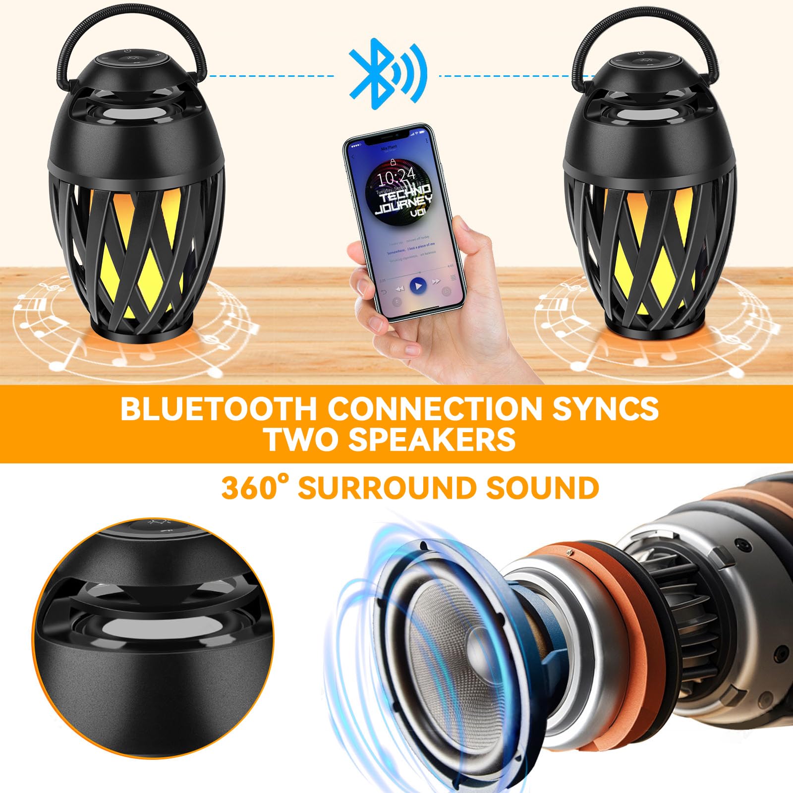 Altavoz Bluetooth para exteriores con efecto de llama parpadeante LED, regalo para hombres, sonido estéreo HD, IPX5, impermeable, portátil, antorcha Tiki, decoración para fiestas, patio, jardín con