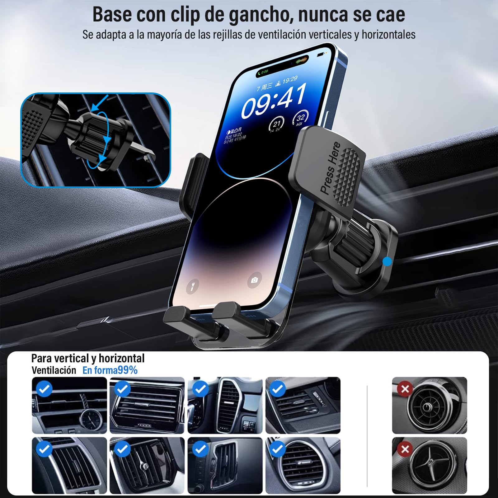 KIROGILY Soporte para Celular Automovil, Porta Celular para Auto de 360°, Uso con Una Mano, Soporte Celular Auto para Rejillas de Ventilación, Compatible con la Mayoría de Los Teléfonos Inteligentes