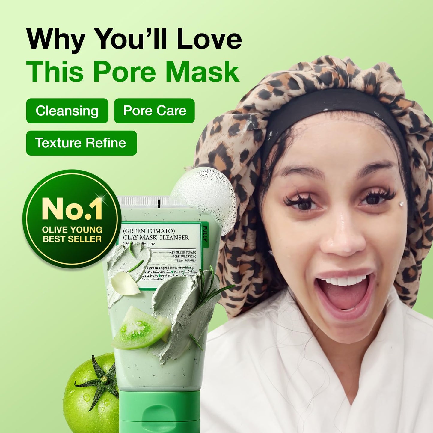 BSVI FULLY Green Tomato Clay Mask Cleanser, Pore Purifying with 49% Green Tomato Extract, Sebum & Clogged Pore Care, Exfoliation, Fragrance-Free, Vegan & Dermatologically Tested, 4.05 fl.oz