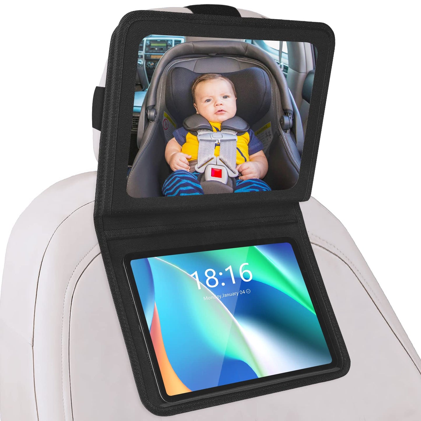 Brislut - Espejo de coche para bebé con soporte ajustable para tabletas, artículos esenciales de viaje por carretera para niños, espejo del asiento trasero para ver la parte trasera del bebé, funda
