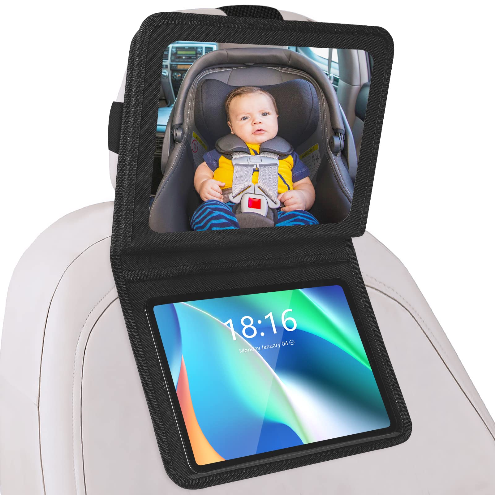 Brislut - Espejo de coche para bebé con soporte ajustable para tabletas, artículos esenciales de viaje por carretera para niños, espejo del asiento trasero para ver la parte trasera del bebé, funda