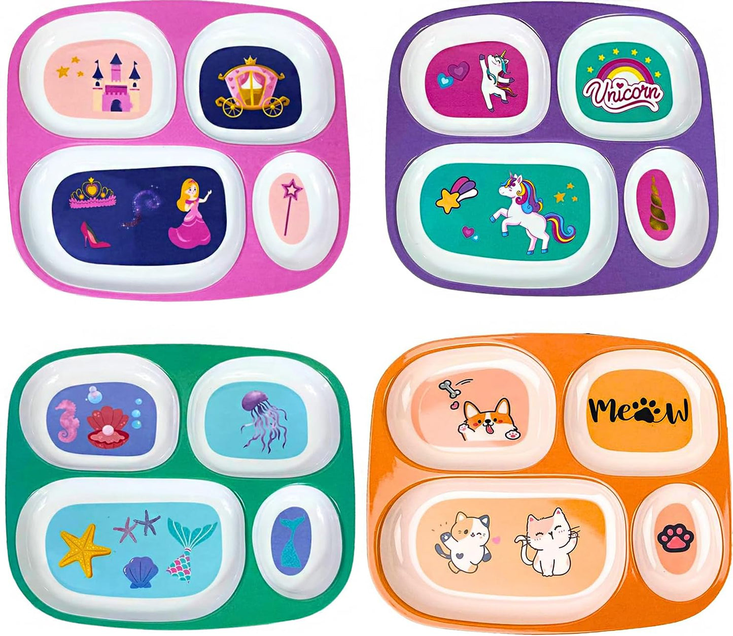 Plato de Cena de Melamina 4E's Novelty Princesa Unicornio Vida Marina Gato para Niños y Niñas