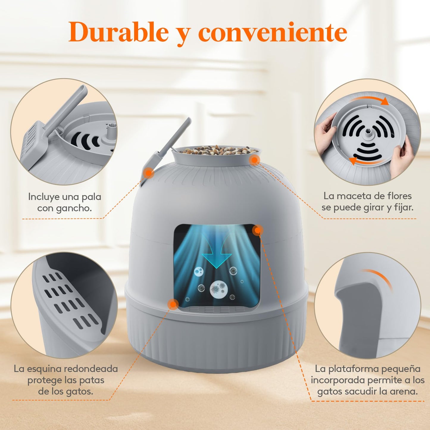 Lifewit Caja de Arena con Planta sintética y Pala para Gatos Grandes, Bandeja de Arena Oculta en Esquina con Control de olores y Filtro de Carbono en salón/Dormitorio/baño, Gris
