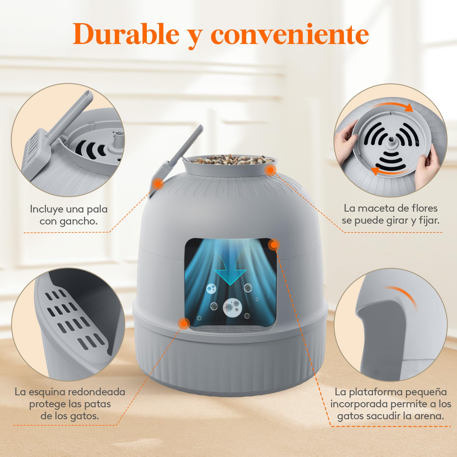 Lifewit Caja de Arena con Planta sintética y Pala para Gatos Grandes, Bandeja de Arena Oculta en Esquina con Control de olores y Filtro de Carbono en salón/Dormitorio/baño, Gris