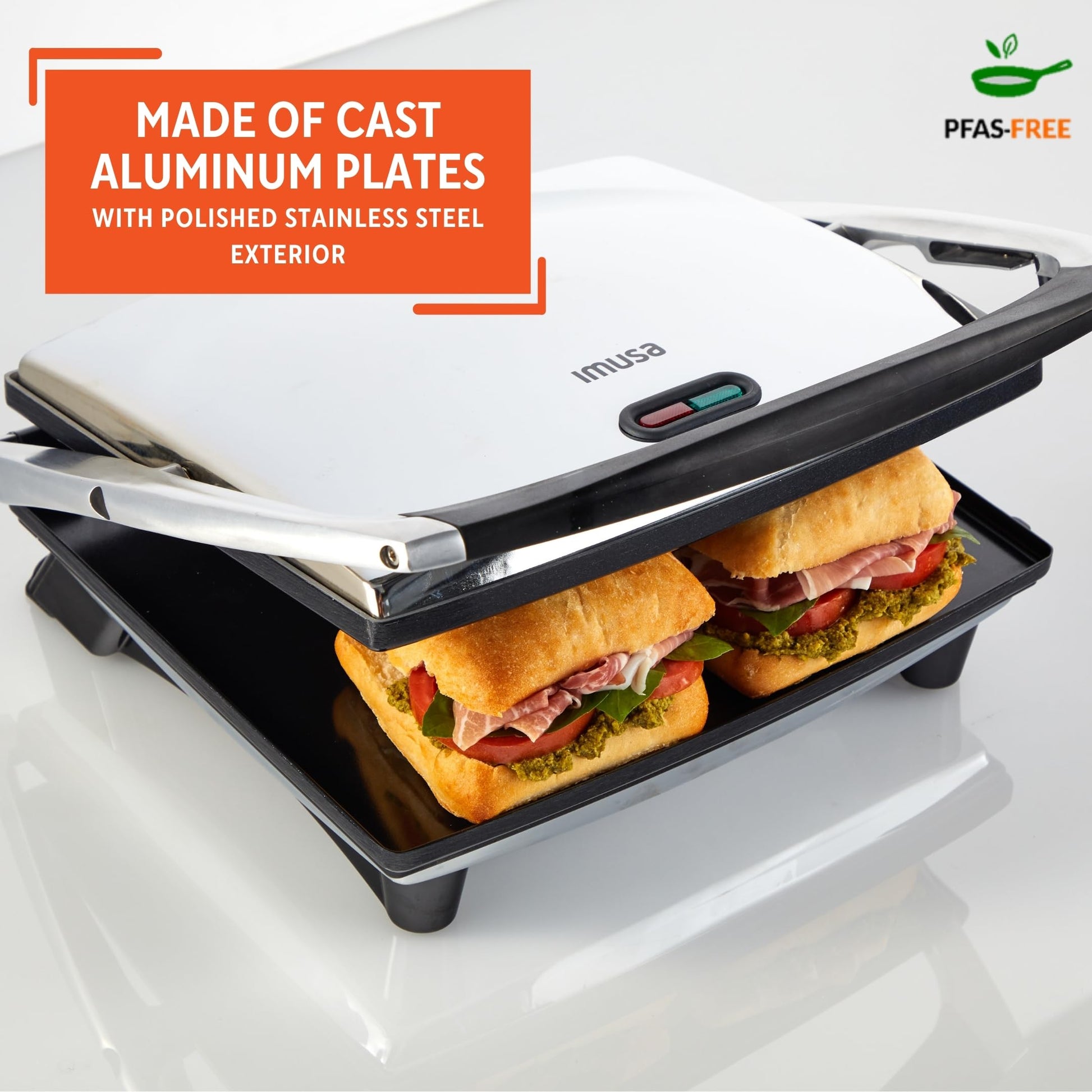 IMUSA - Sandwichera Panini de acero inoxidable de 12 x 10 pulgadas con placas antiadherentes de cerámica