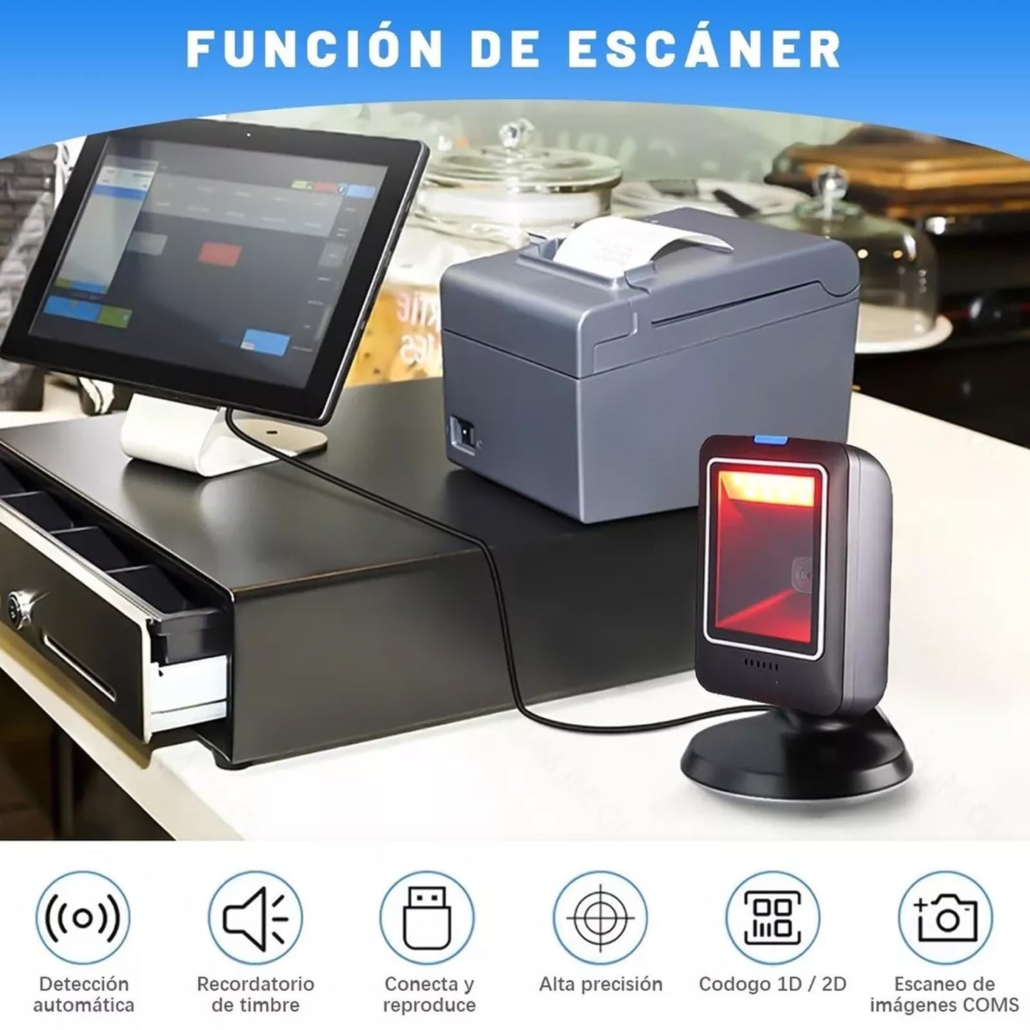 Escáner de Código de Barras de Escritorio 1D 2D QR, Lector de Código de Barras con Cable USB, Scanner Código de Barras Detección Automática de Imagen para Supermercado, Biblioteca, Tienda minorist