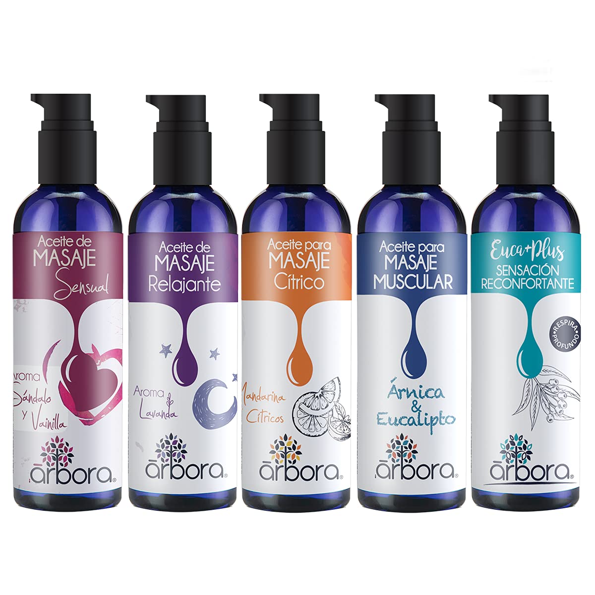 Pack Aceites para Masaje Árbora Lavanda Cítrico Eucalipto Sándalo Vainilla Muscular Árnica