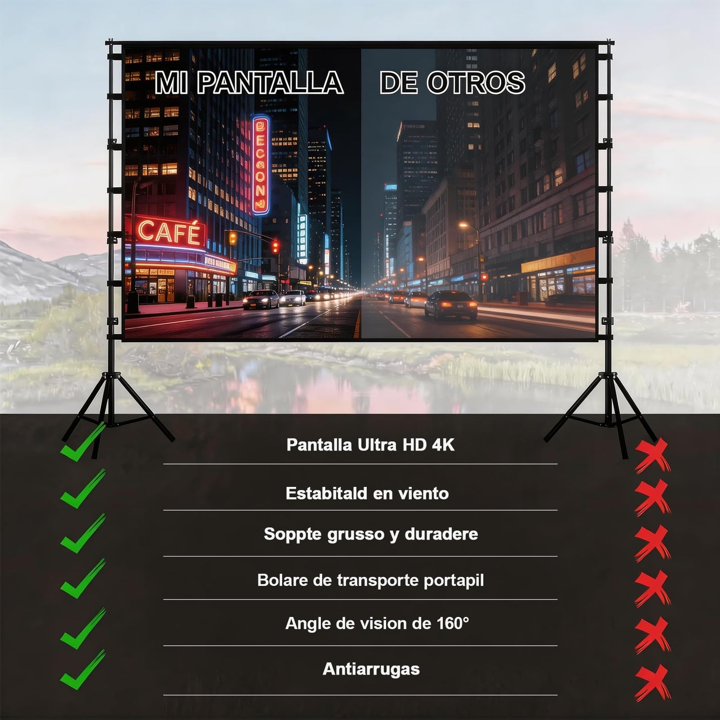 ZVXCABV Pantalla de Proyector Portátil de 100 Pulgadas, Pantalla de proyección con Soporte, 16：9, 4K HD Resistente a Las Arrugas Pantalla, Sistemas para Exteriores, Interiores y Cine en casa